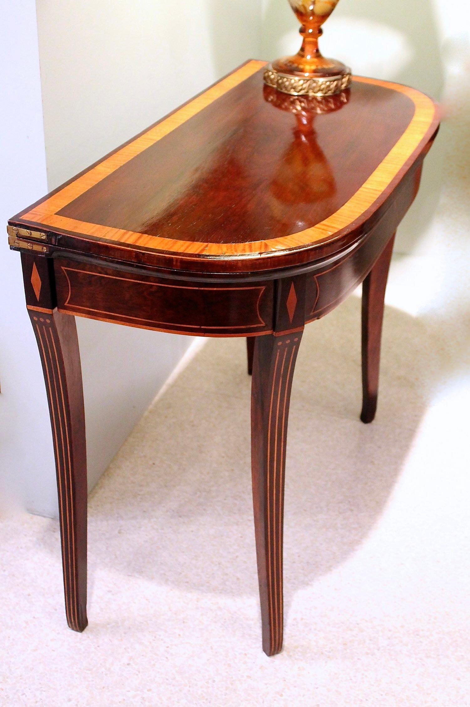 18th Century George III Inlaid Rosewood Flip Top Demilune Card Table For Sale