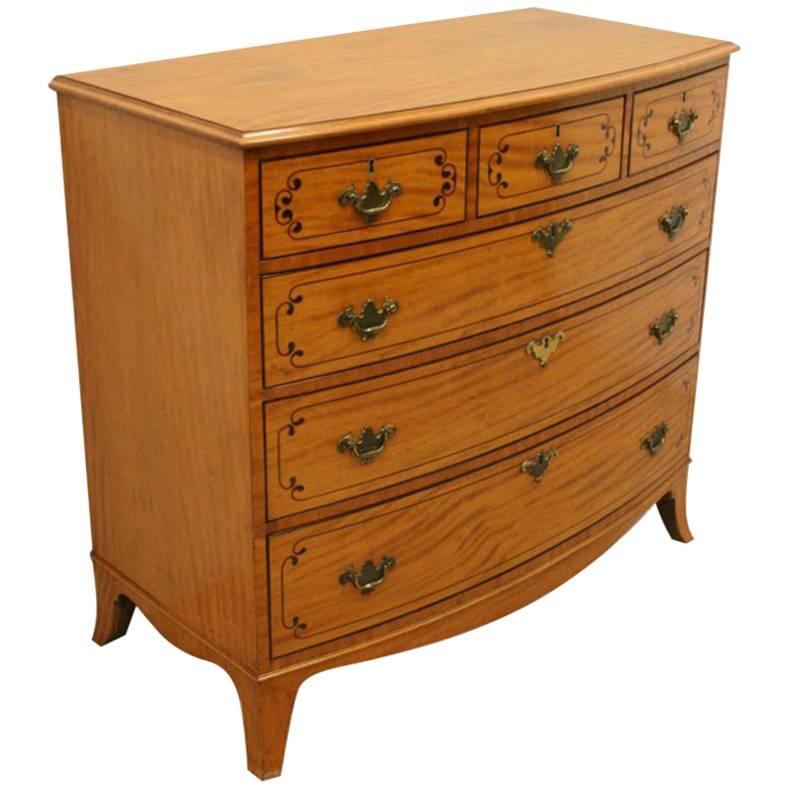 George III Inlaid Satinwood Bow Front Chest of Drawers, circa 1800 For Sale