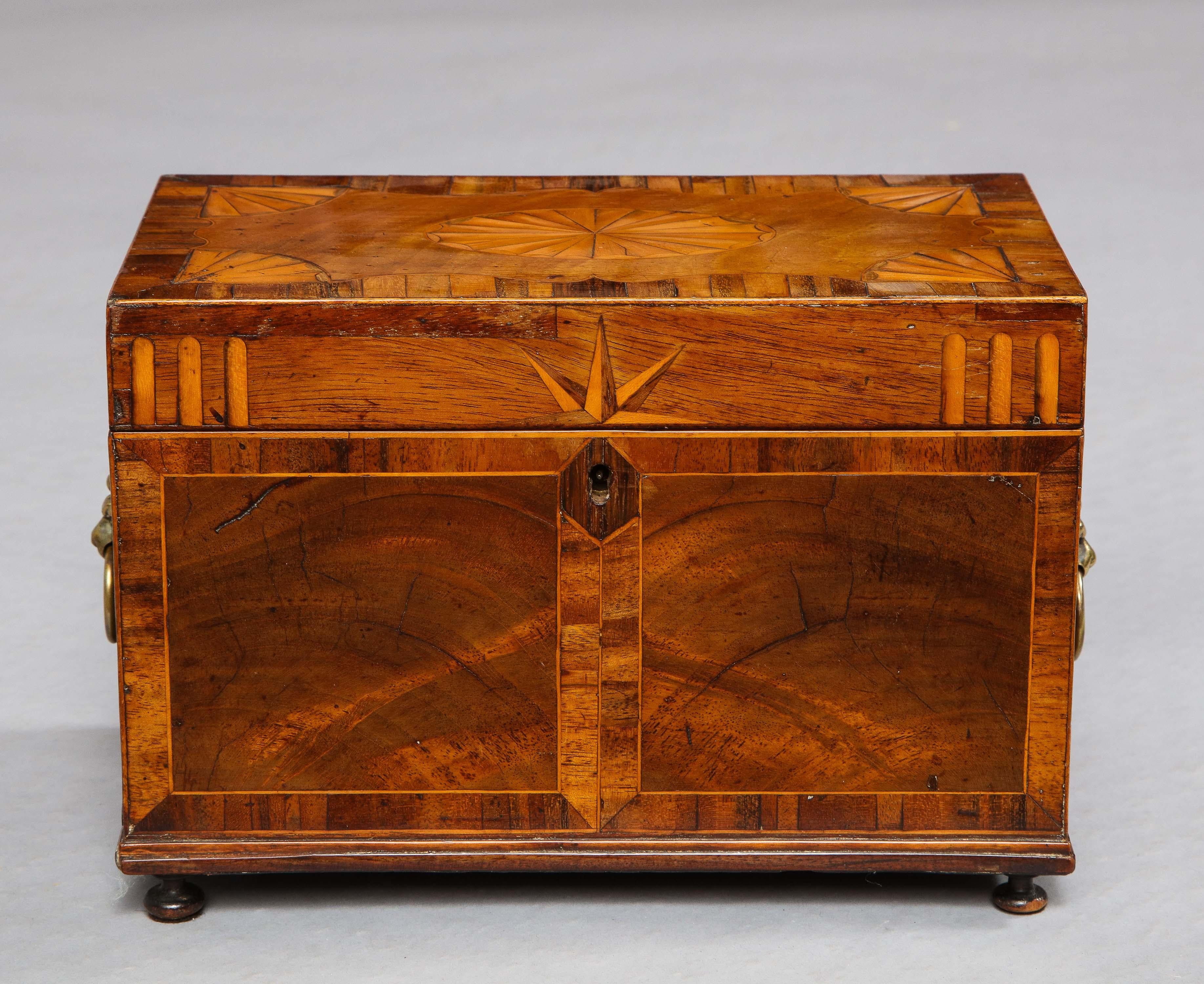 Very fine and unusual George III tea caddy in sun faded mahogany with rosewood, kingwood and holly inlay, the lid with fan inlays flanking central patera, the front and sides with half compass stars, cross banded panels and inlaid flutes, gilt lion