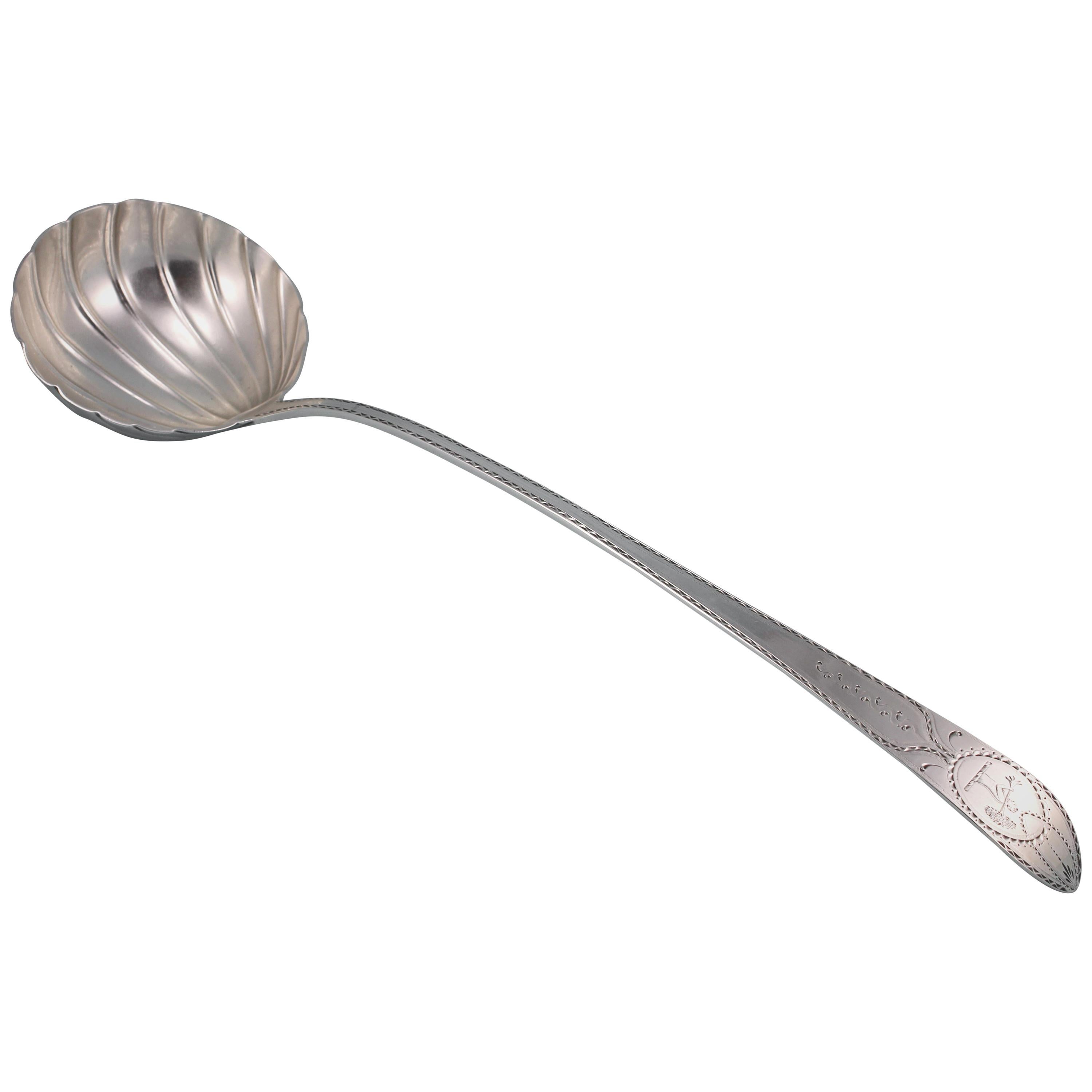 George III Irish Bright Cut Sterling Silver Soup Ladle, Dublin, 1785 For Sale