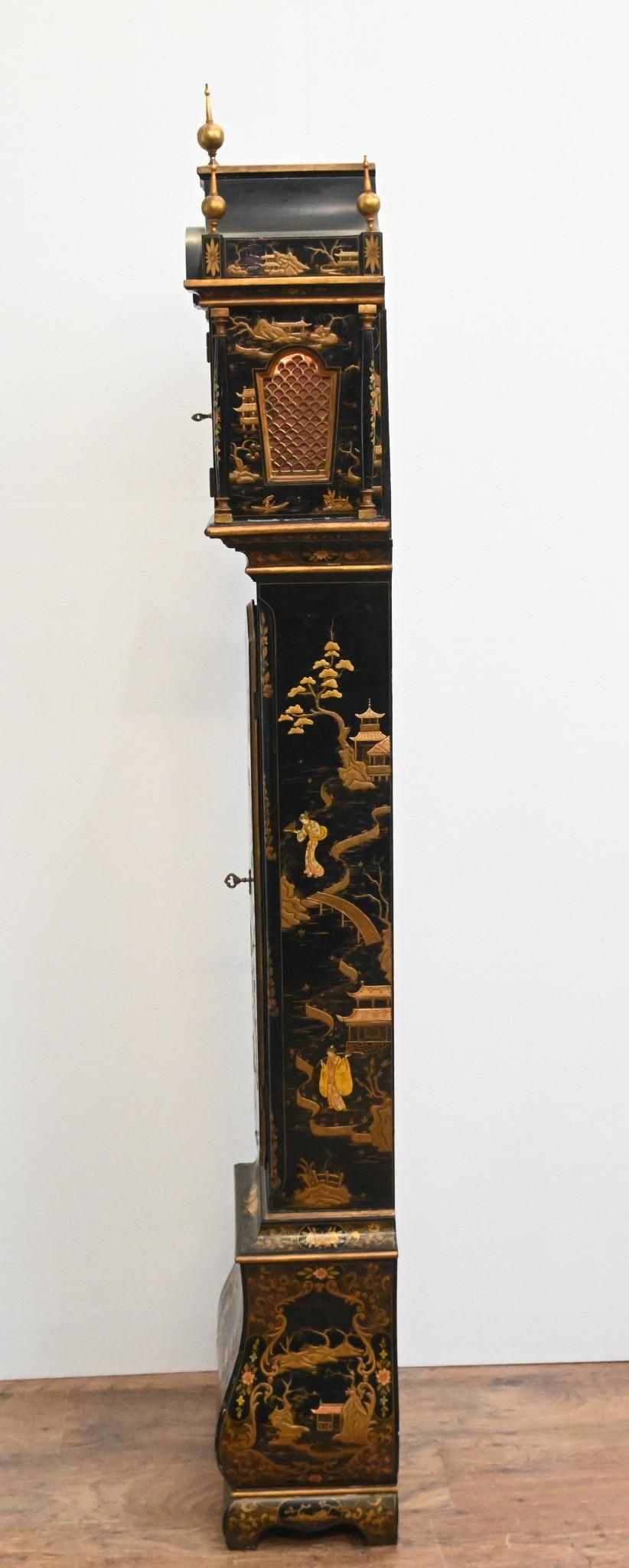 George III Lacquered Grandfather Clock Chinoiserie Long Case For Sale 6