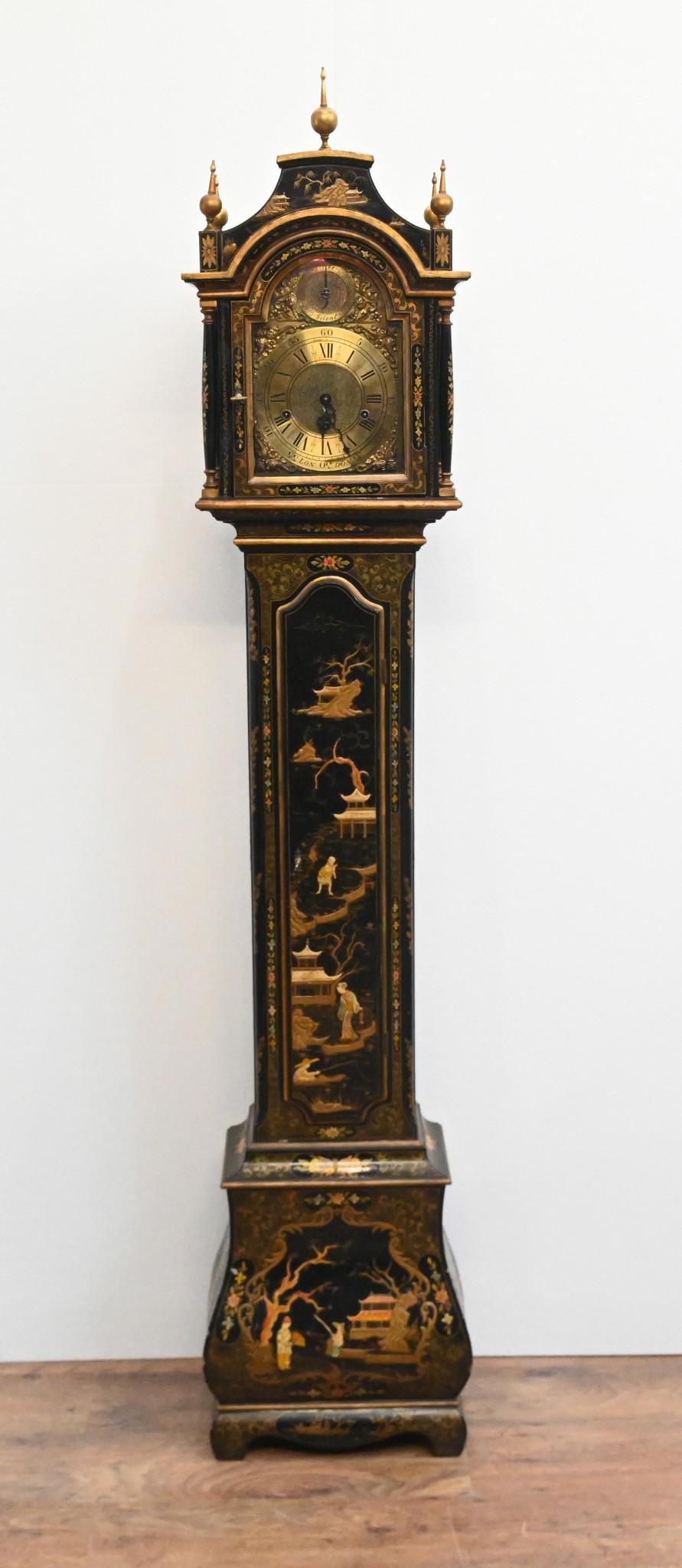George III Lacquered Grandfather Clock Chinoiserie Long Case For Sale 7