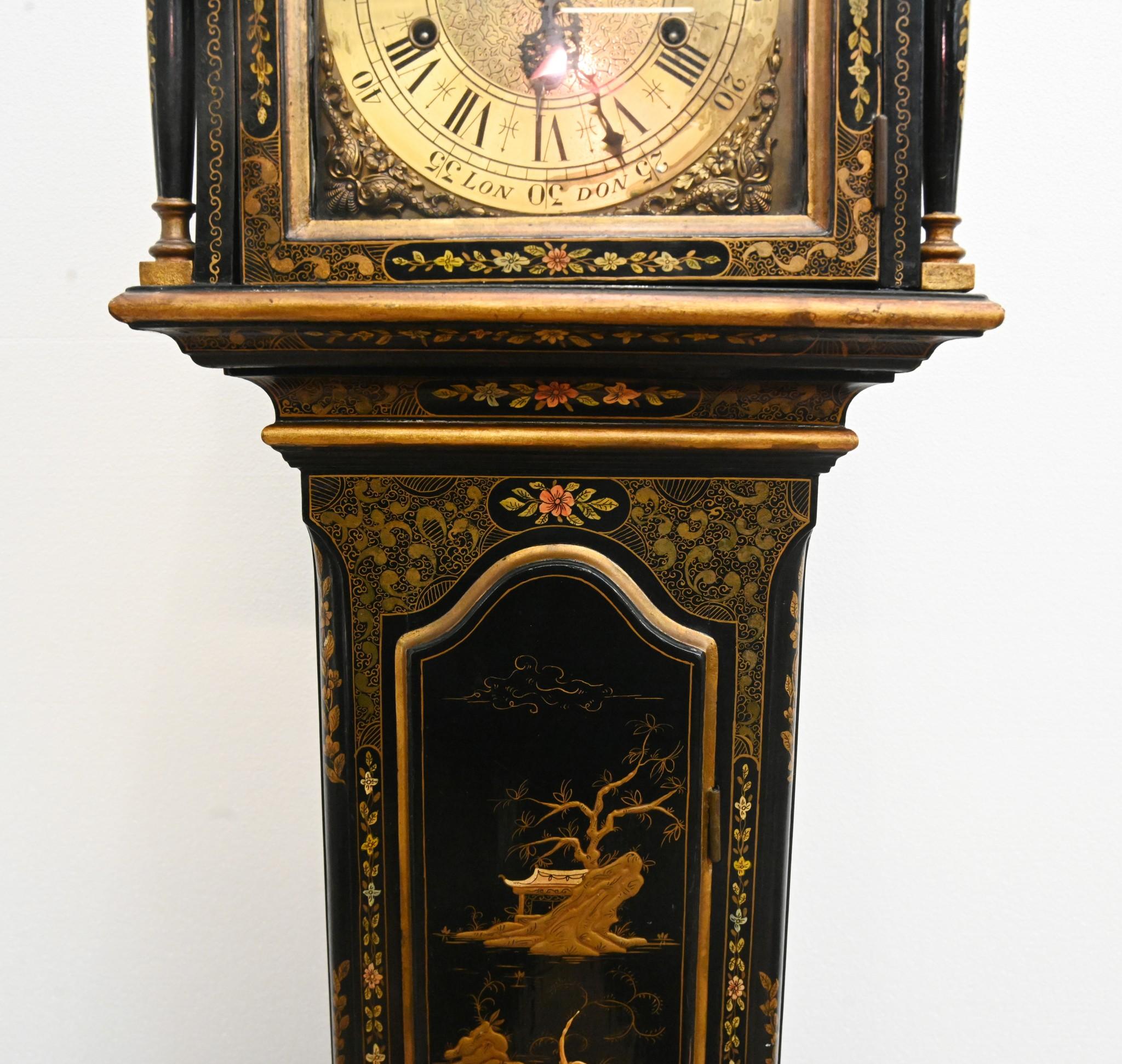 Mid-20th Century George III Lacquered Grandfather Clock Chinoiserie Long Case For Sale