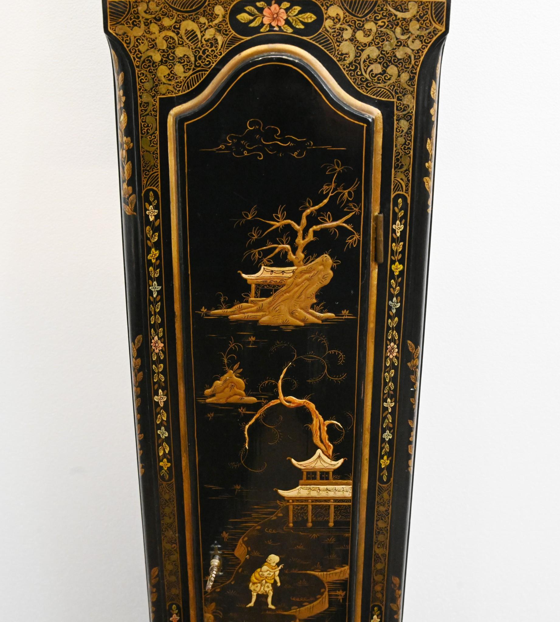 George III Lacquered Grandfather Clock Chinoiserie Long Case For Sale 1