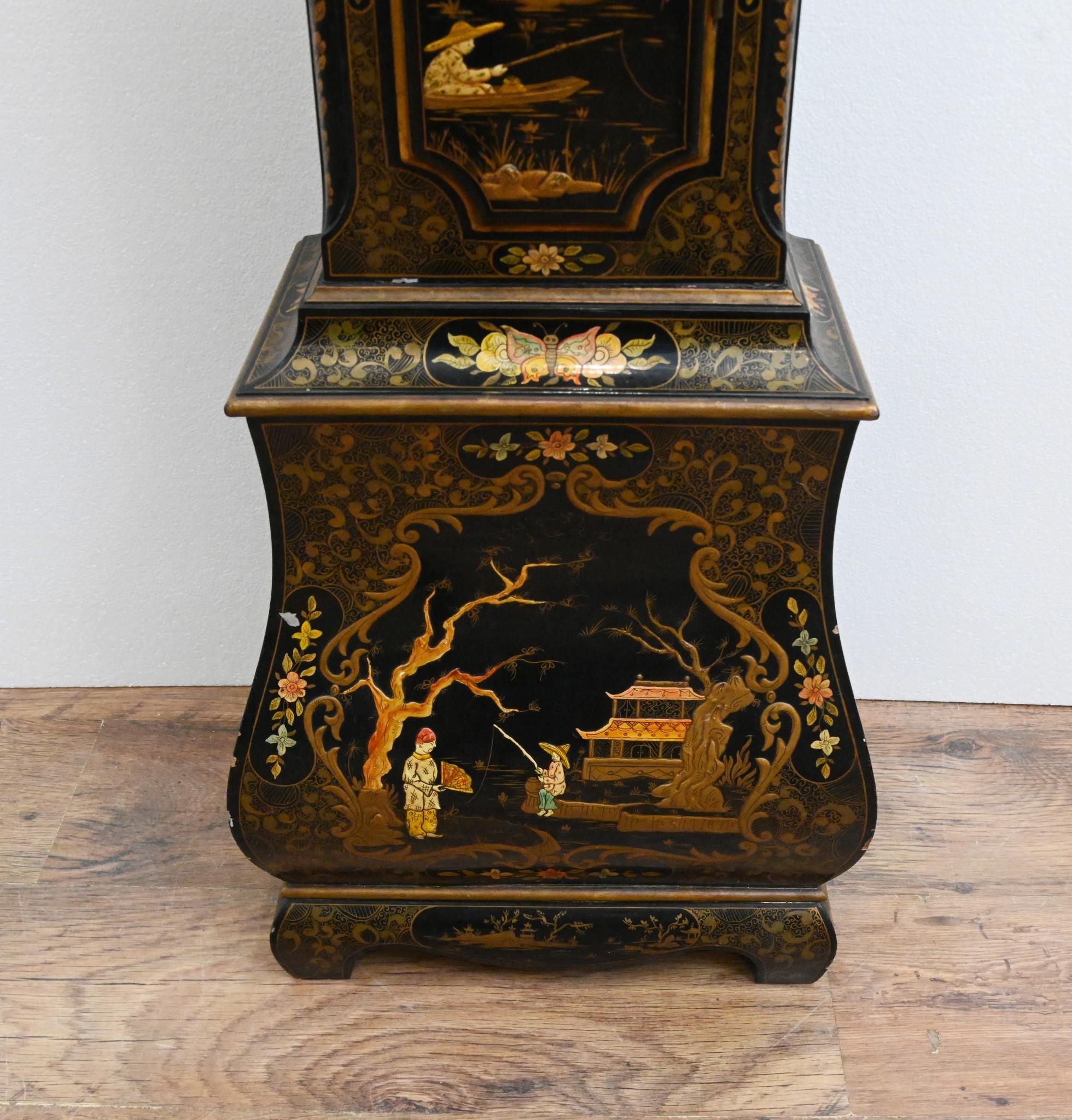 George III Lacquered Grandfather Clock Chinoiserie Long Case For Sale 2