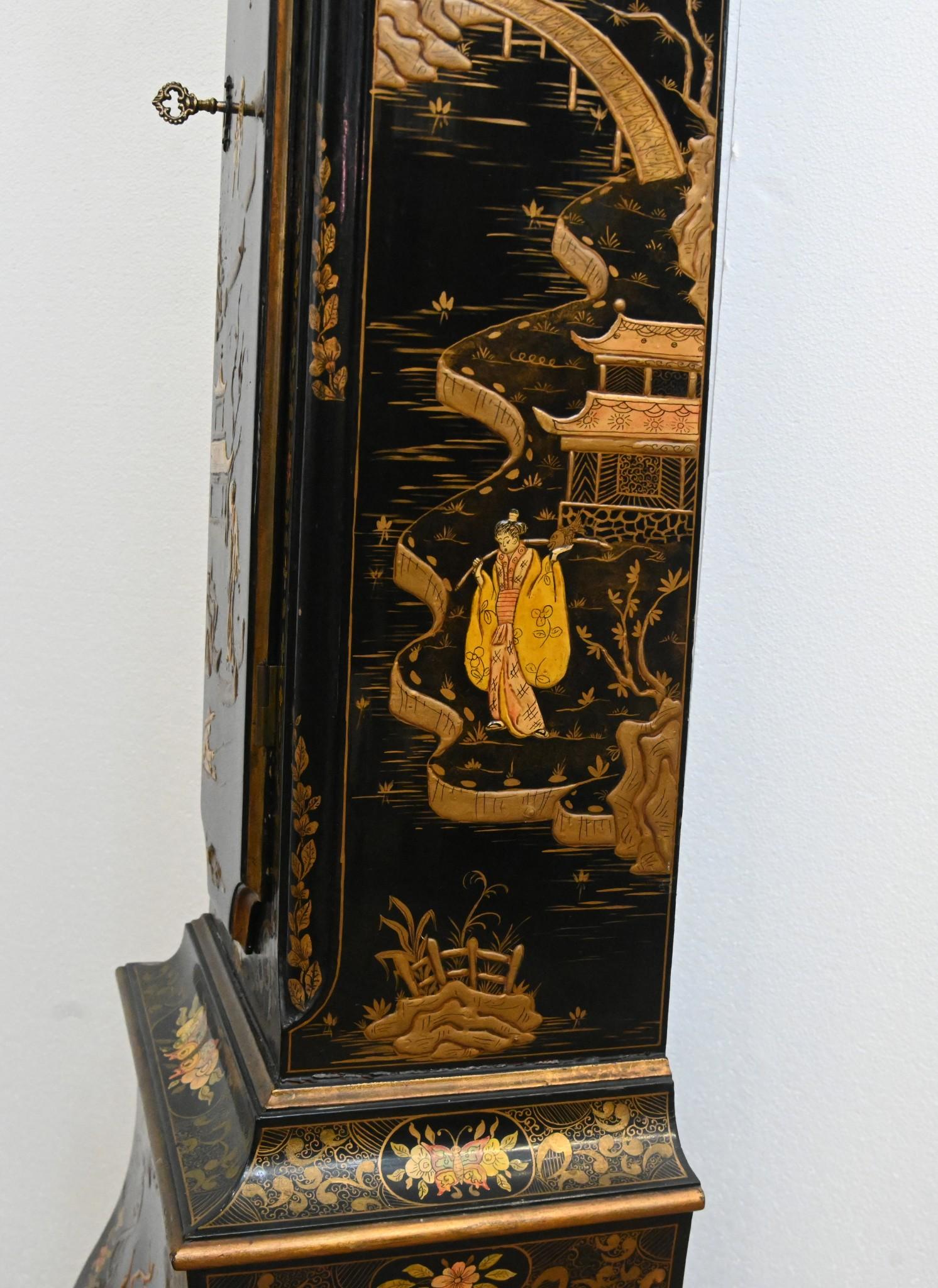 George III Lacquered Grandfather Clock Chinoiserie Long Case For Sale 4