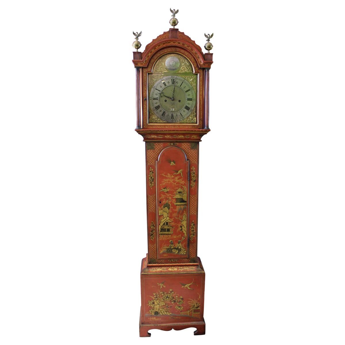 George III Later Scarlet Japanned Long Case Thomas Moore Clock For Sale