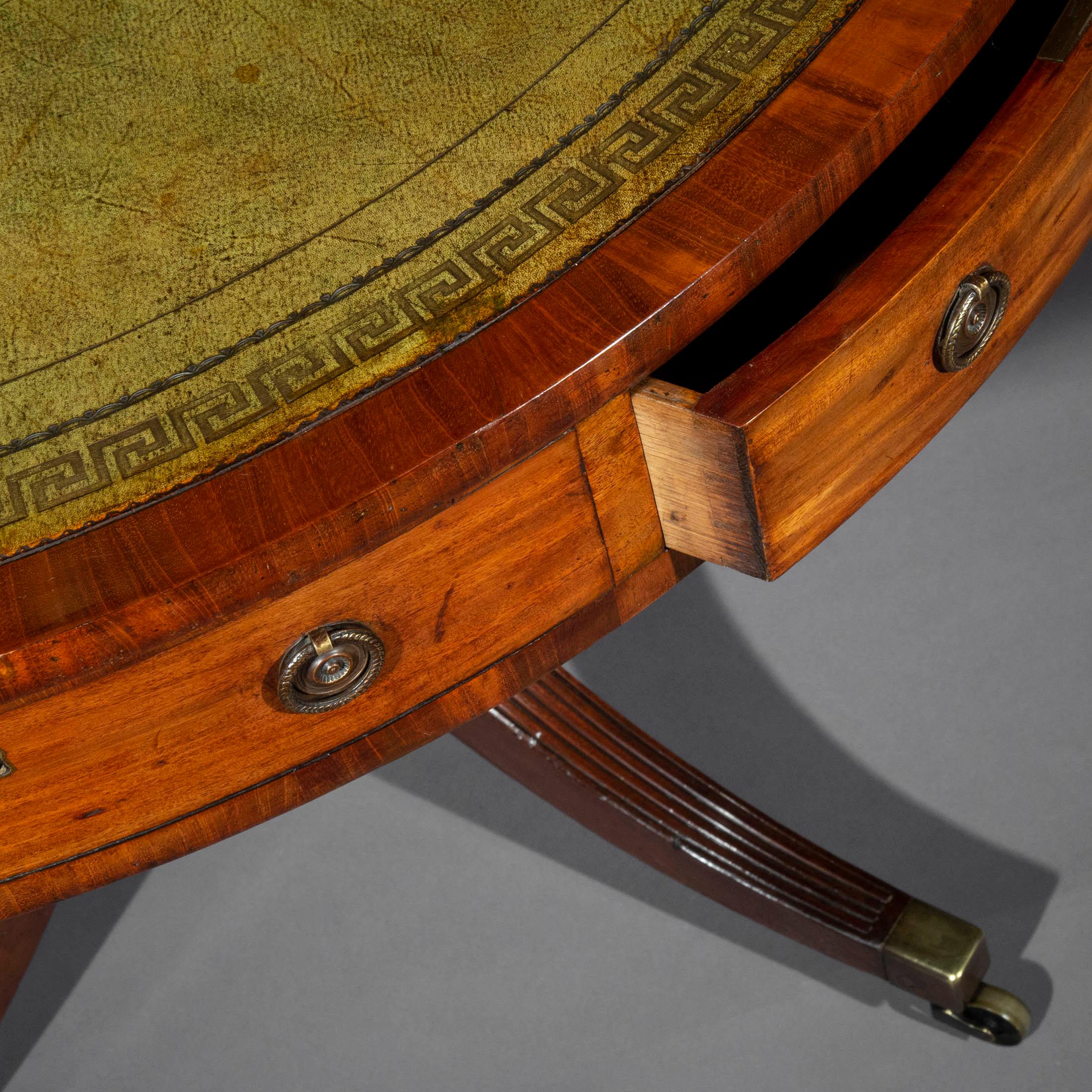 Georgian Regency Library Drum Table with Green Leather Top and Greek Key Border 5