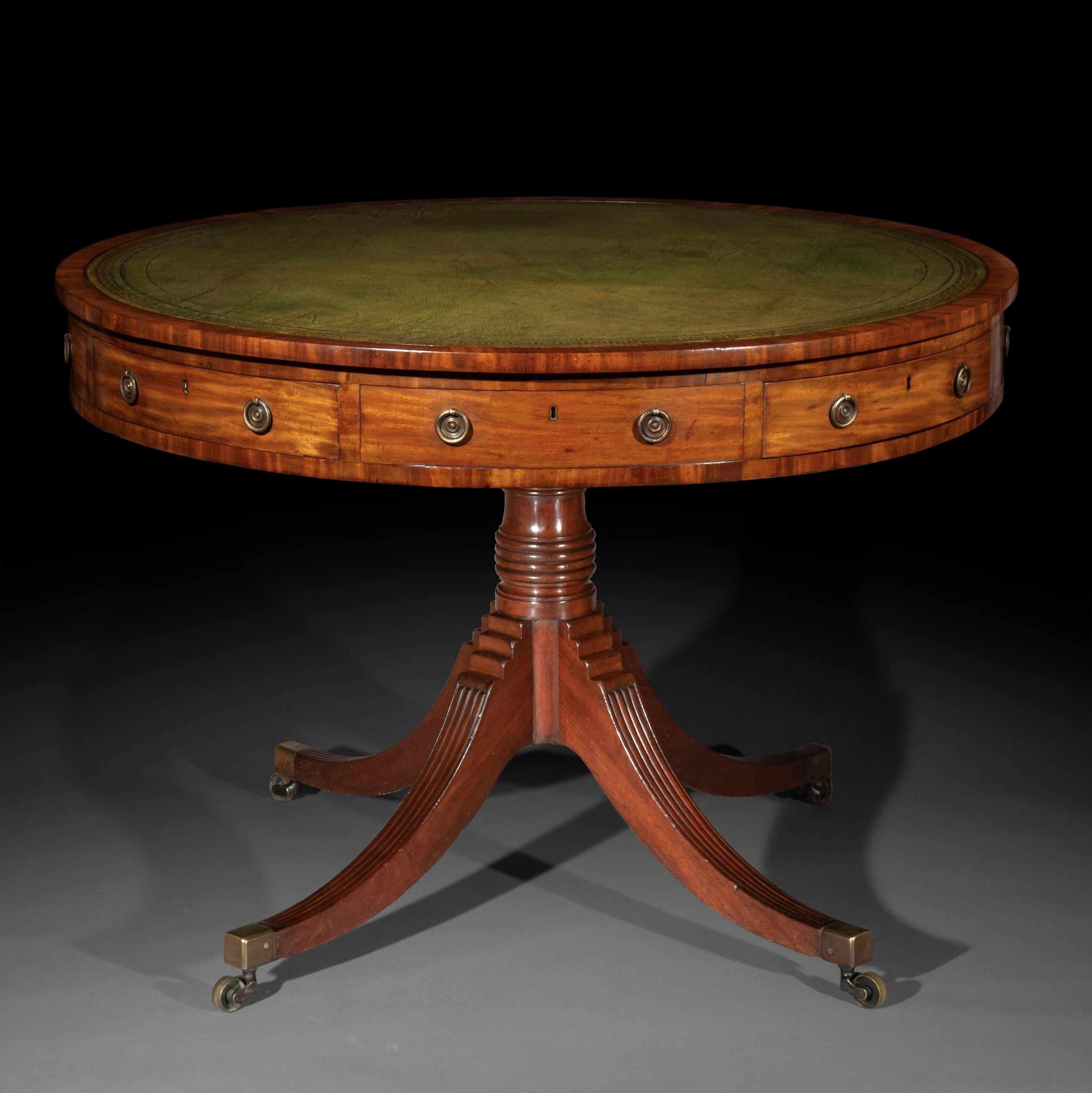 Hand-Carved Georgian Regency Library Drum Table with Green Leather Top and Greek Key Border