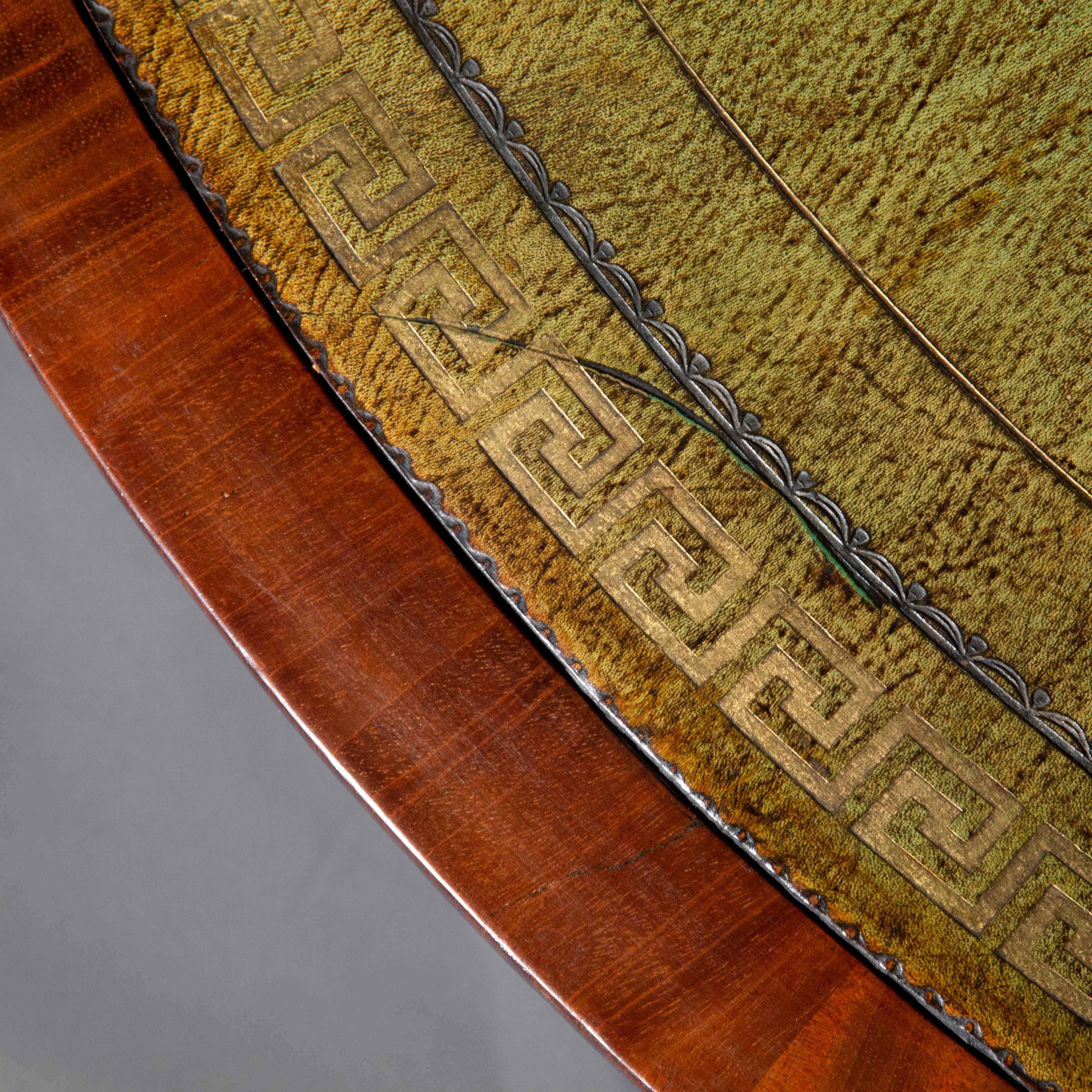 19th Century Georgian Regency Library Drum Table with Green Leather Top and Greek Key Border