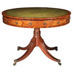 Georgian Regency Library Drum Table with Green Leather Top and Greek Key Border