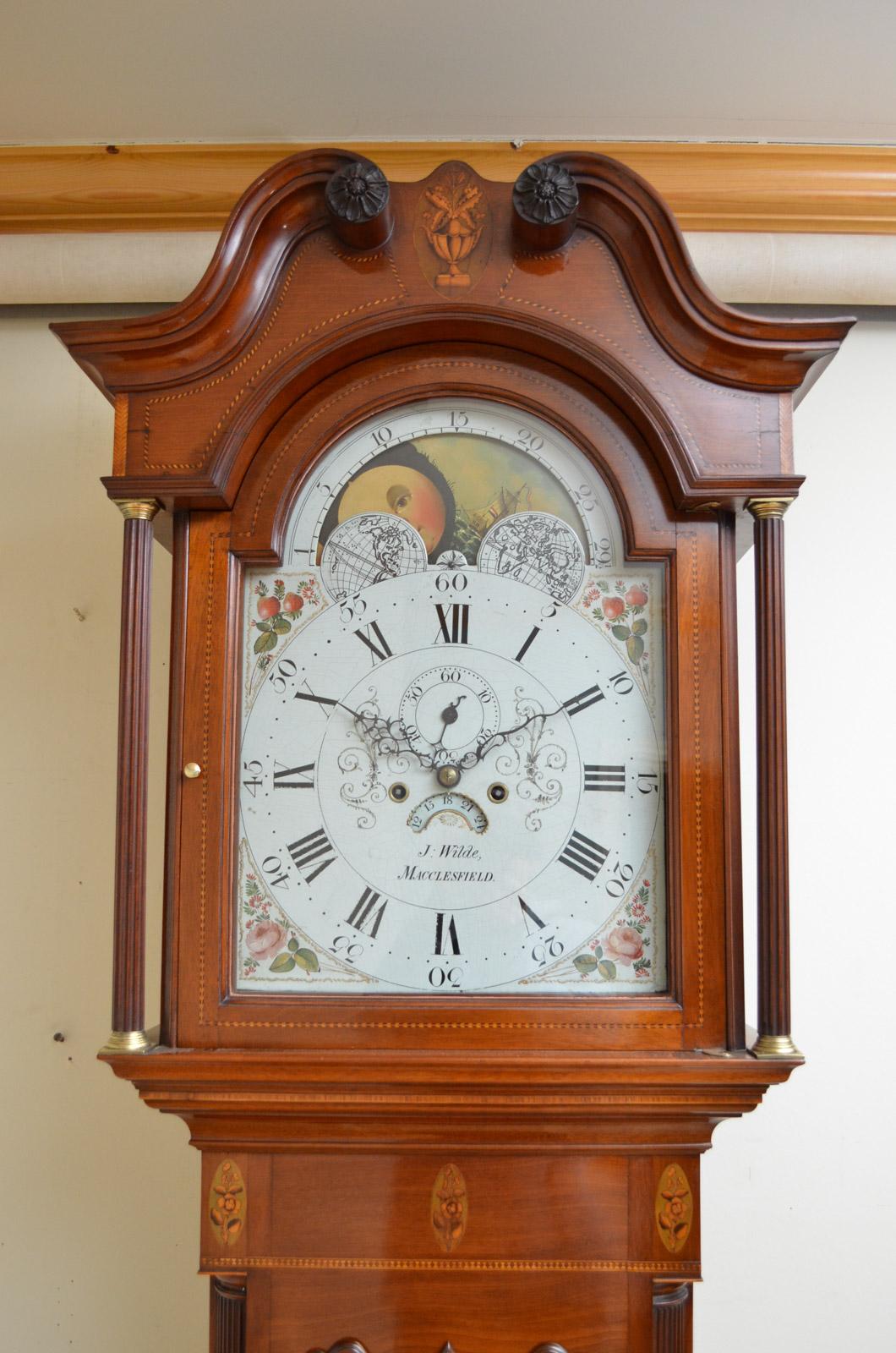 Sn4525, superb quality and very elegant George III mahogany grandfather clock, having white enamel dial signed J. Wilde with Roman and Arabic numerals, subsidiary seconds, date dials and moon phase, the two train 8 day movement, striking on overhead