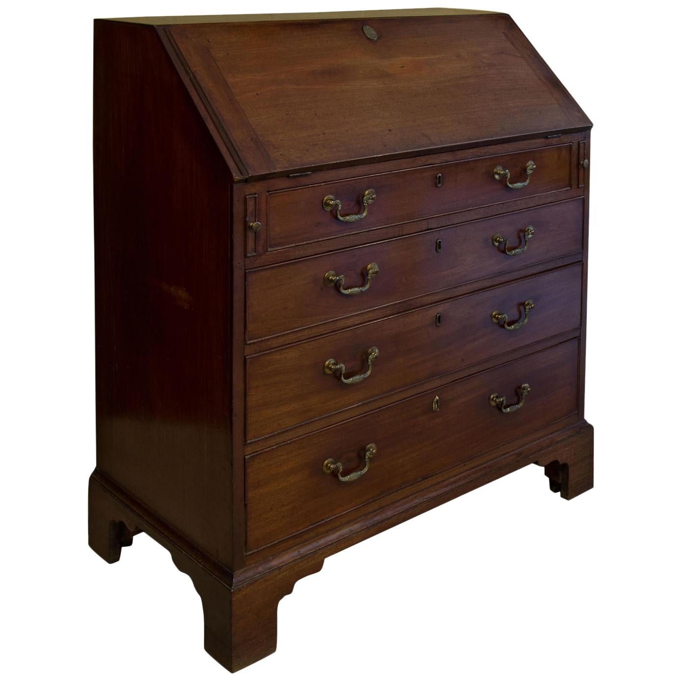 George III Mahogany 4-Drawer Bureau, Swan Neck Drop Handles Well Fitted Interior For Sale