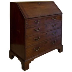 Antique George III Mahogany 4-Drawer Bureau, Swan Neck Drop Handles Well Fitted Interior