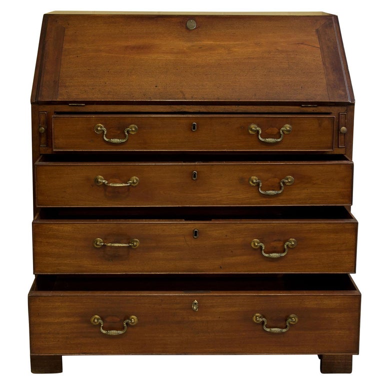 George Iii Mahogany 4 Drawer Bureau Swan Neck Drop Handles Well