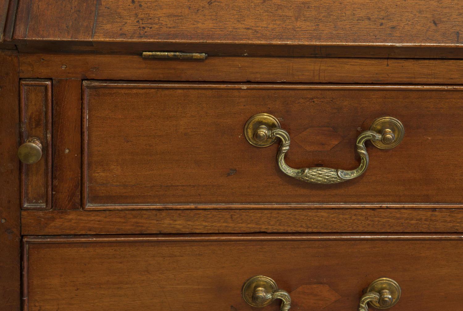 George Iii Mahogany 4 Drawer Bureau Swan Neck Drop Handles Well