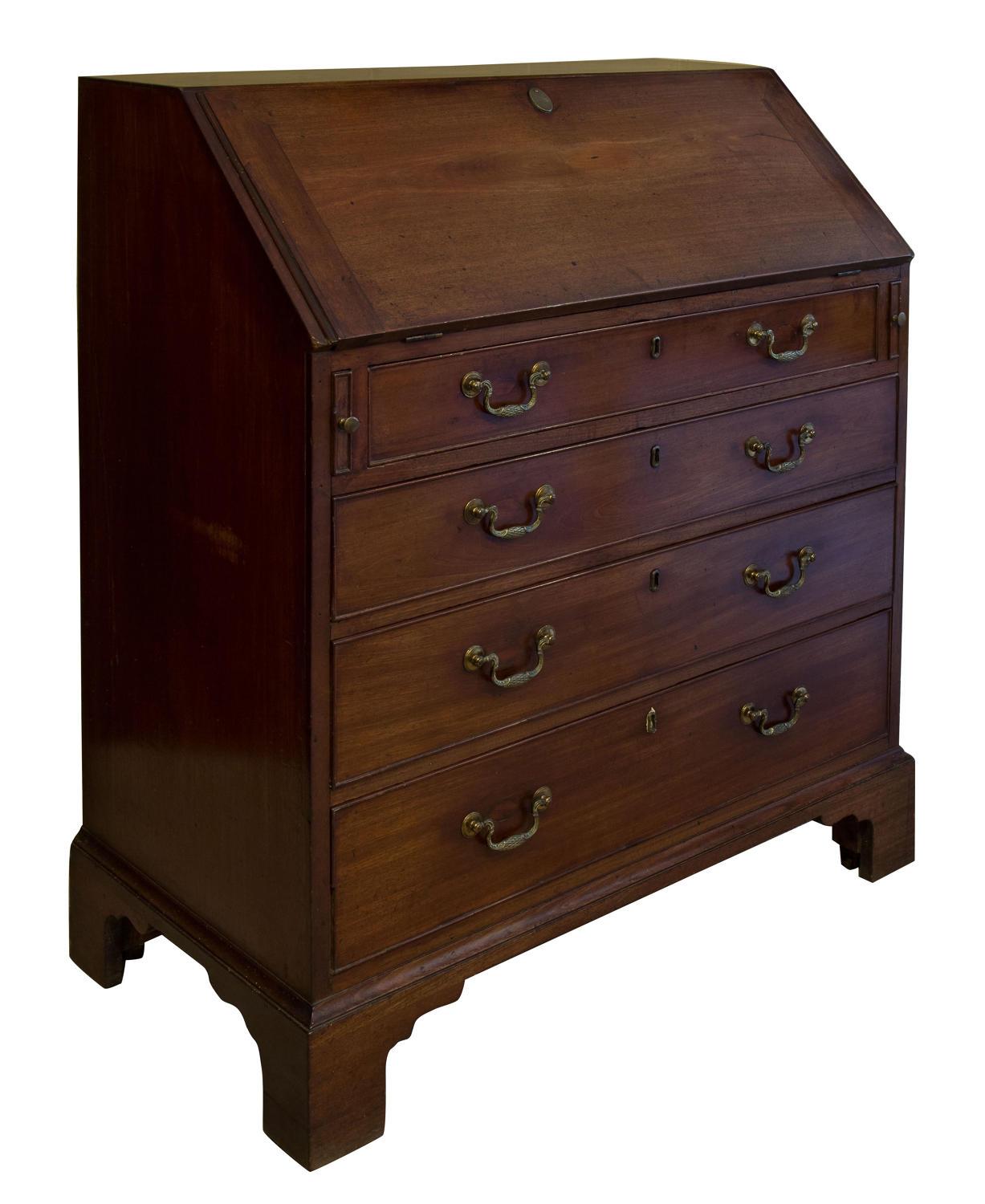 A George III mahogany 4-drawer bureau of good color. Swan neck drop handles, well fitted interior and original feet,

circa 1780.