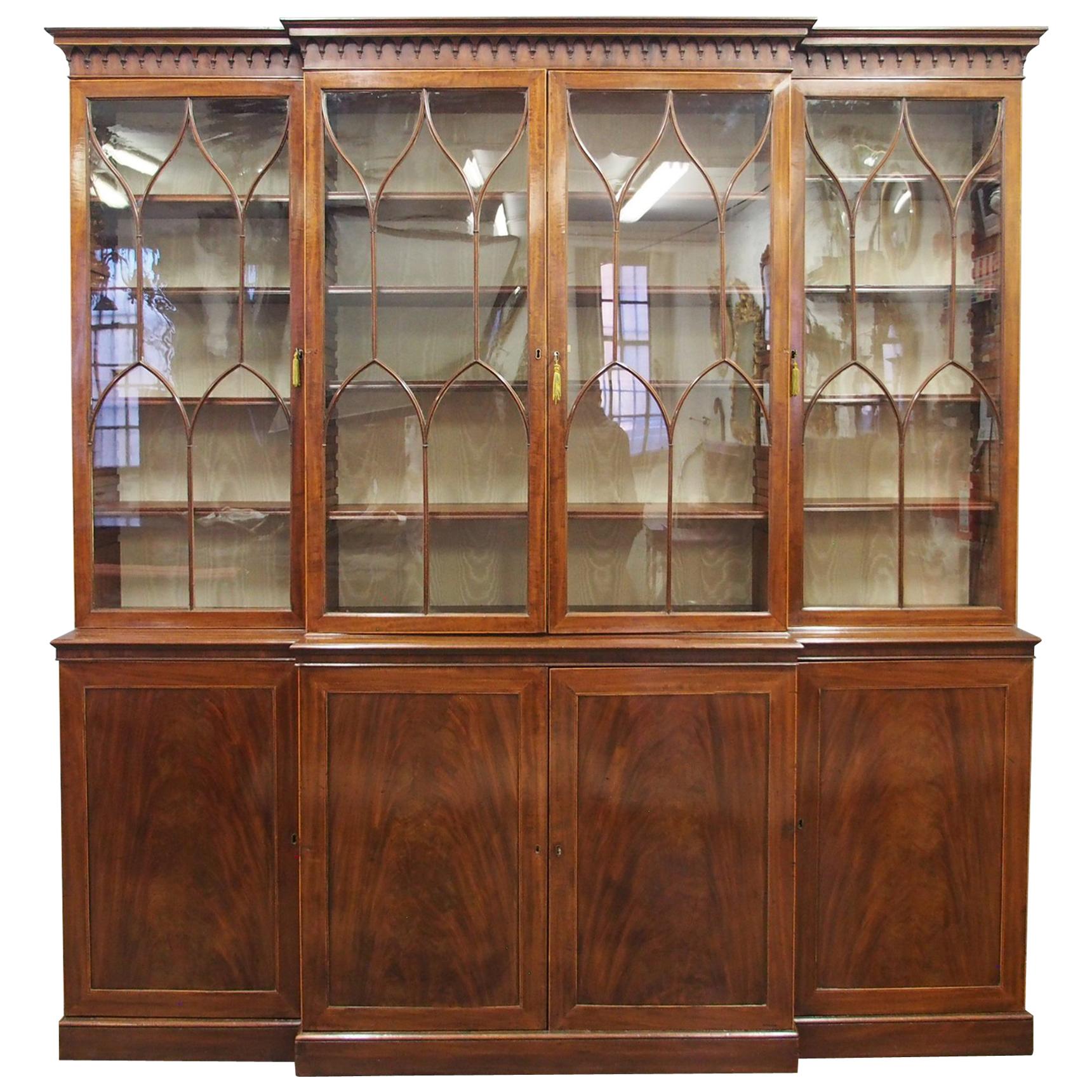 George III Mahogany and Inlaid 4-Door Breakfront Bookcase For Sale