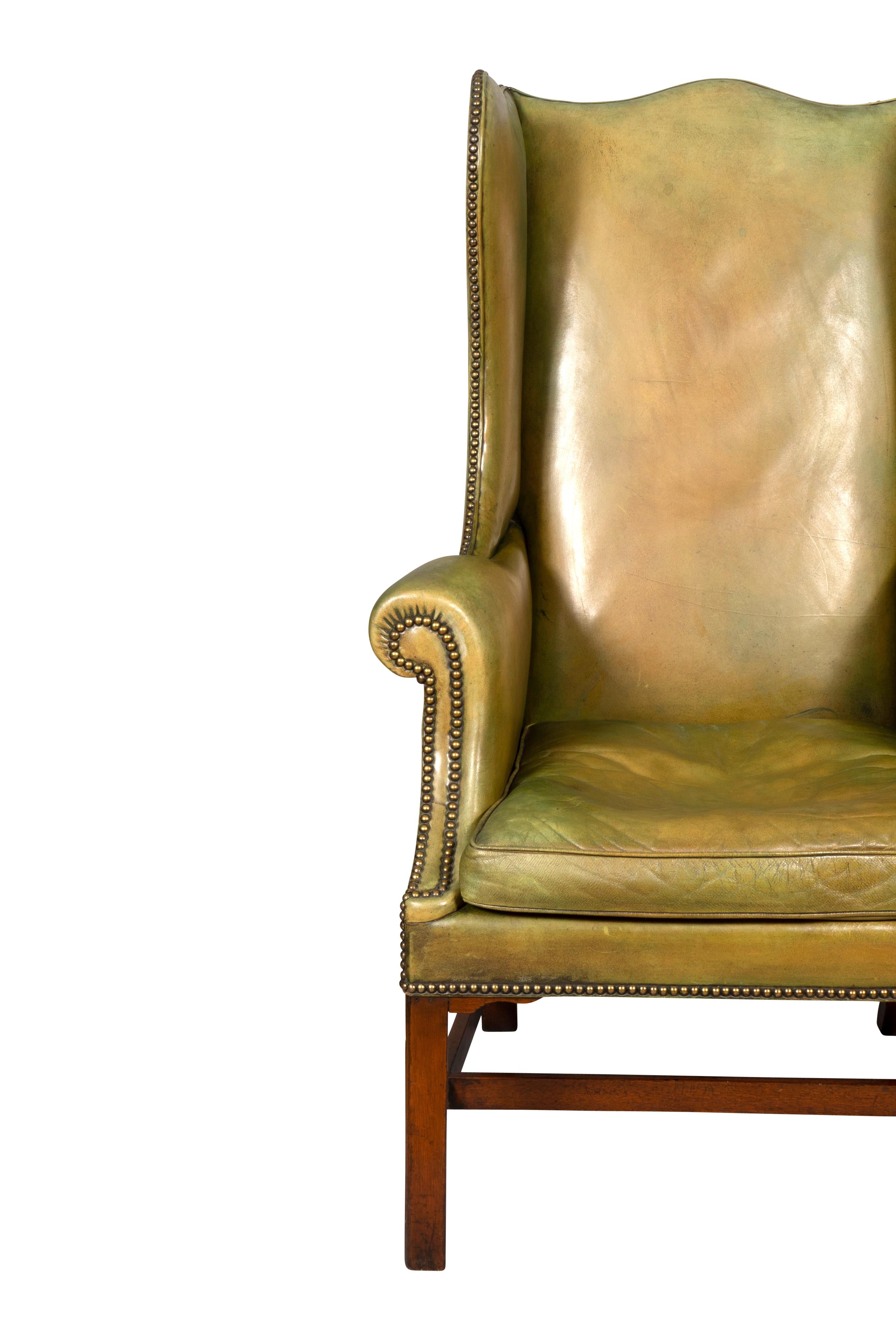 George III Mahogany and Leather Wing Chair 2