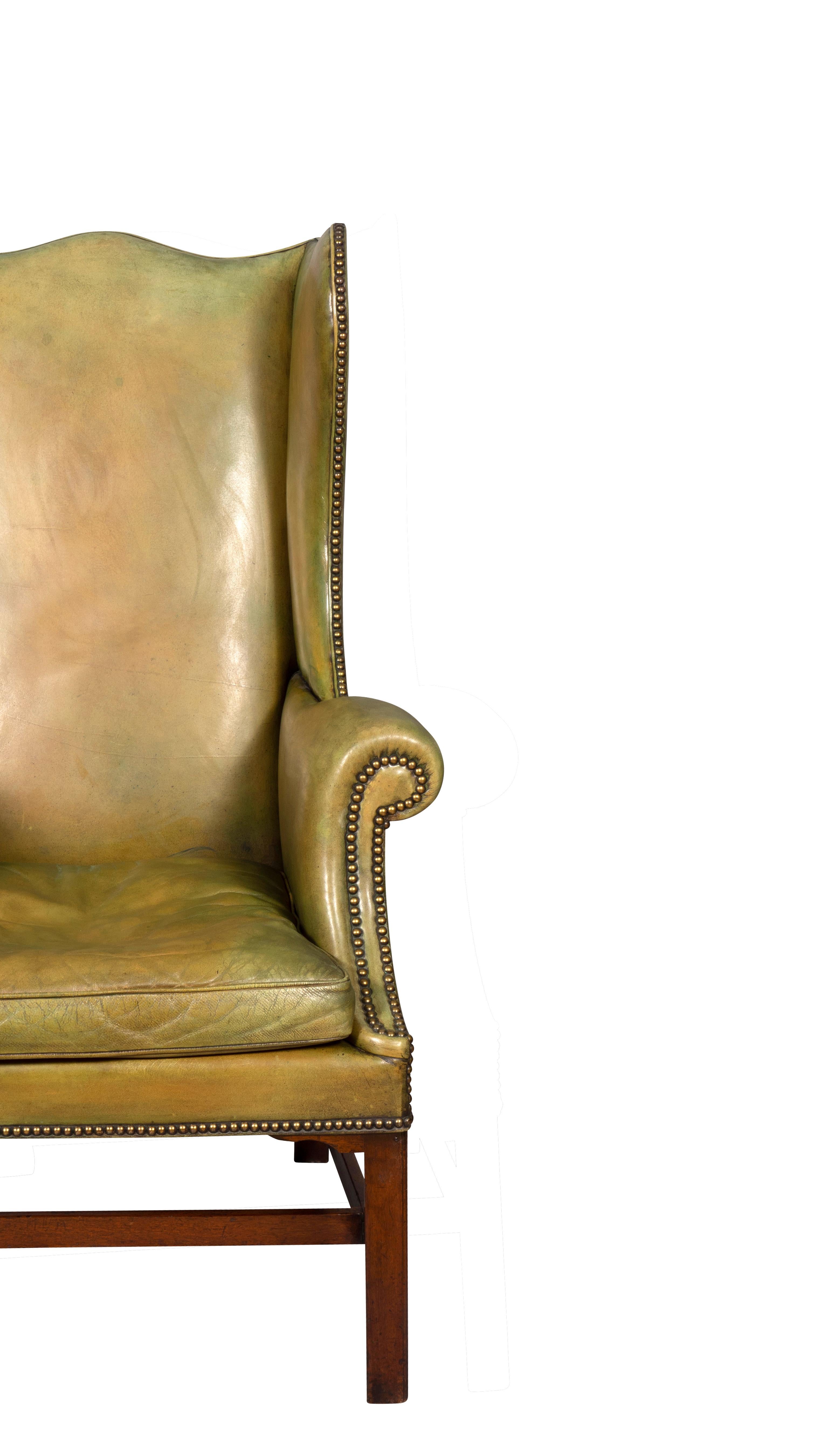 George III Mahogany and Leather Wing Chair 3