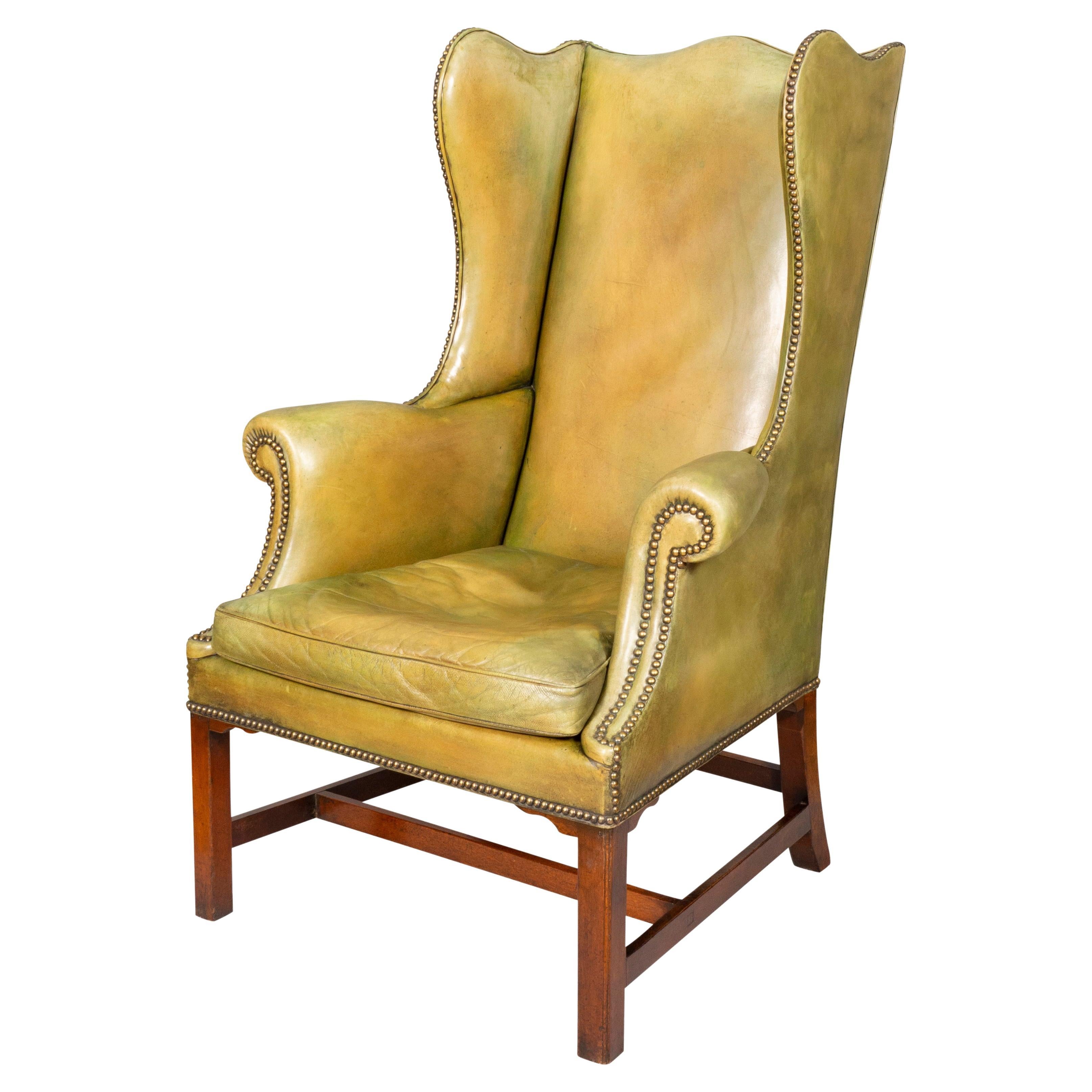 George III Mahogany and Leather Wing Chair