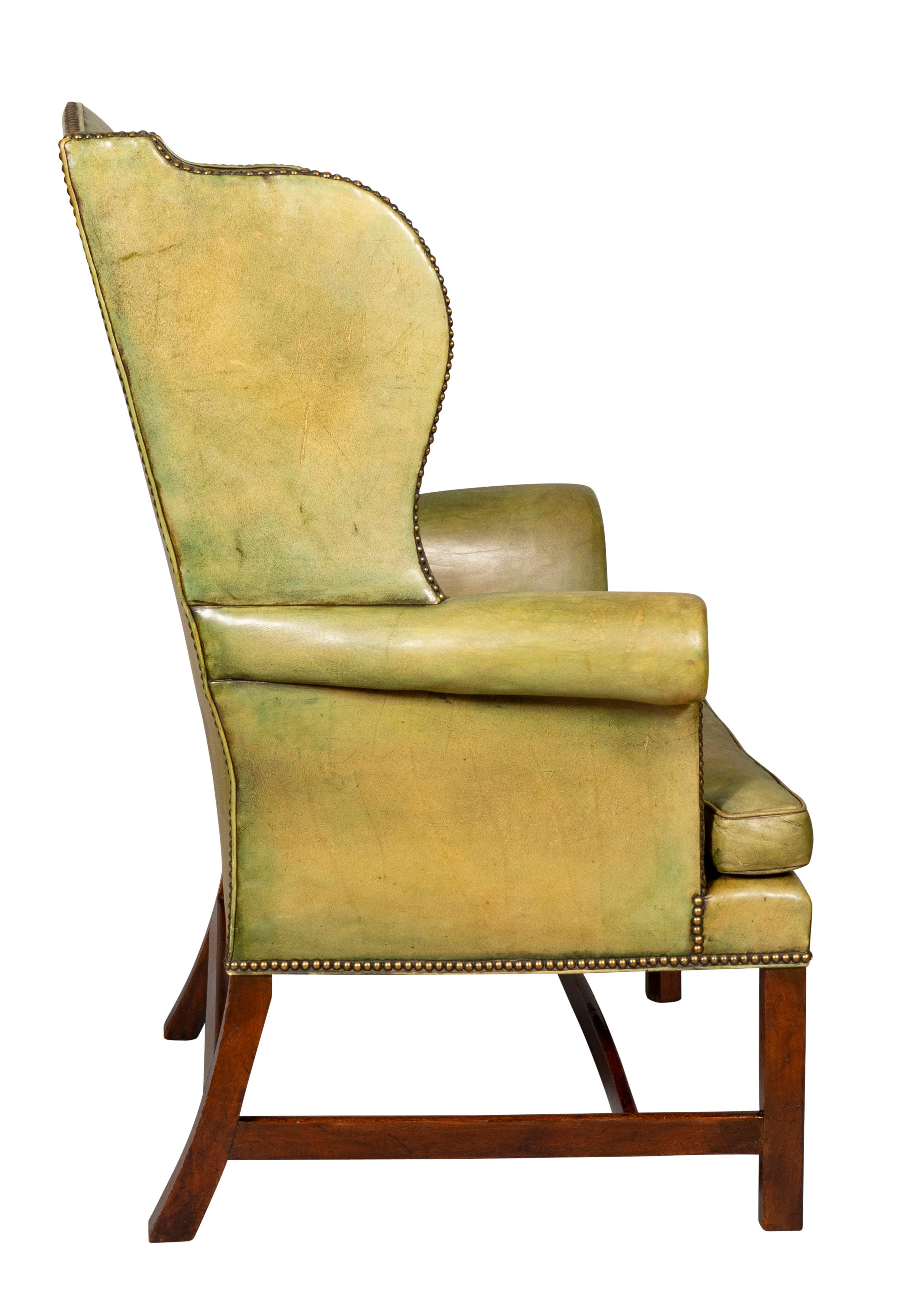 George III Mahogany and Leather Wingback Chair In Good Condition In Essex, MA
