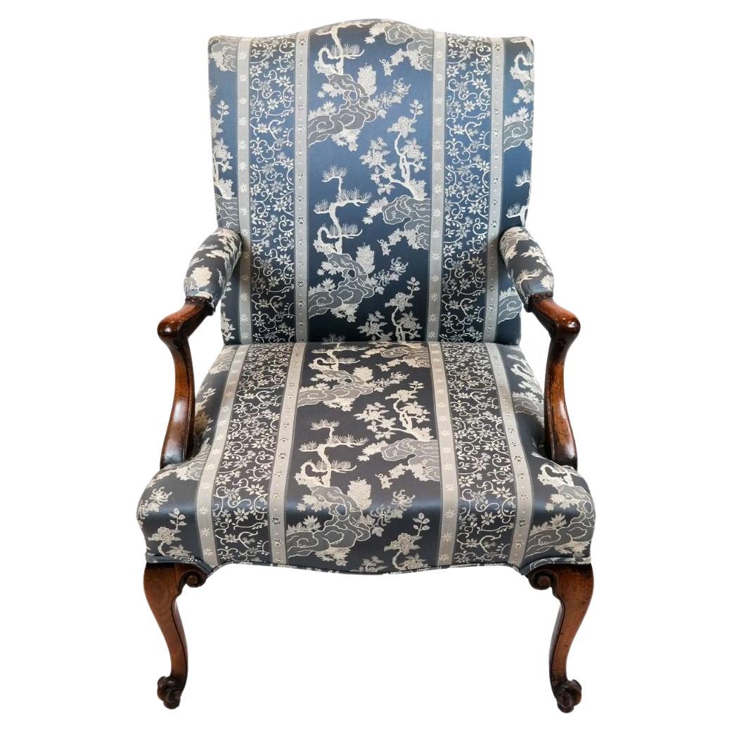 George III Mahogany Armchair in Chinoiserie Blue Damask Fabric