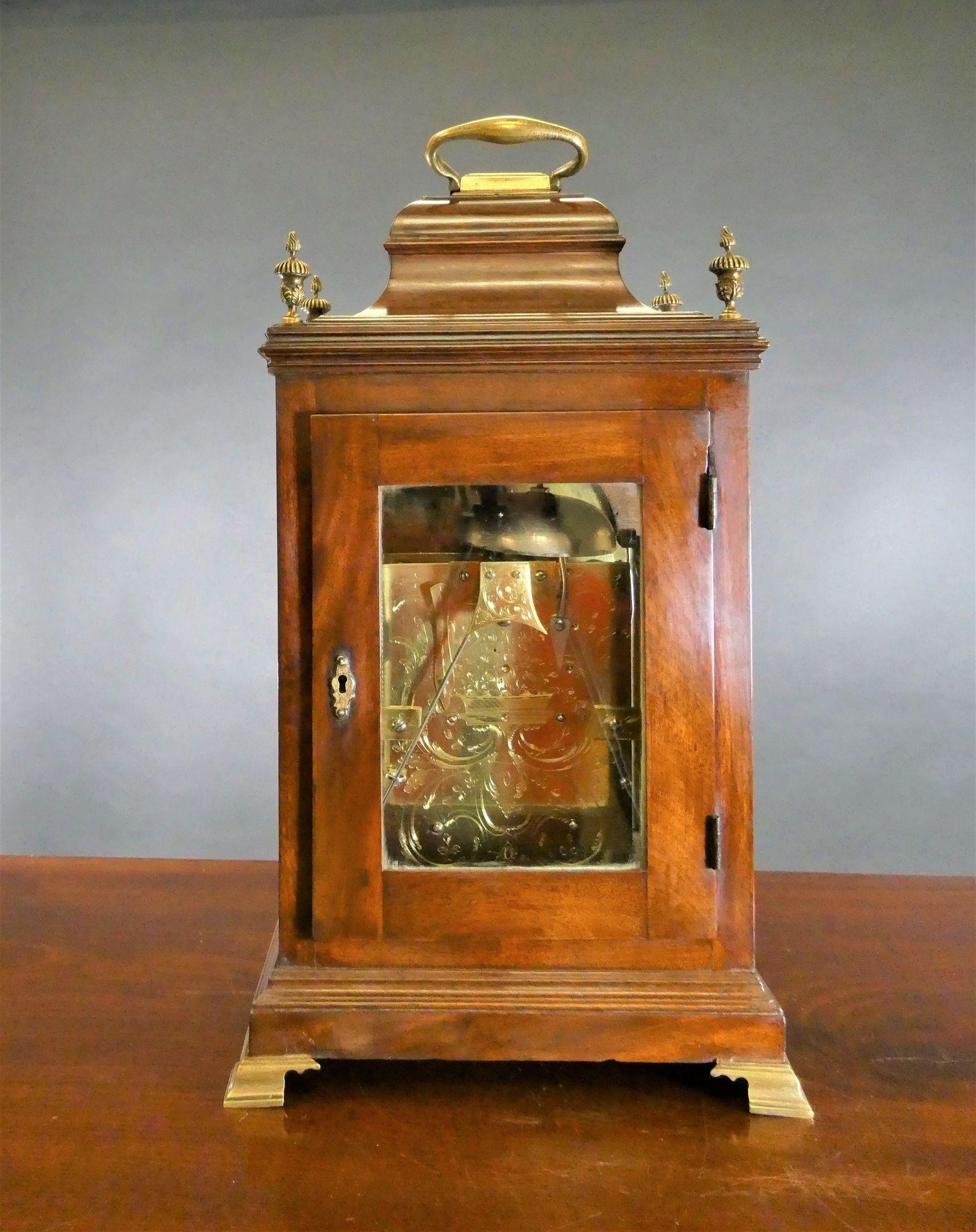 George III Mahogany Bell Top Bracket Clock by Paul Rimbault, London In Good Condition For Sale In Norwich, GB