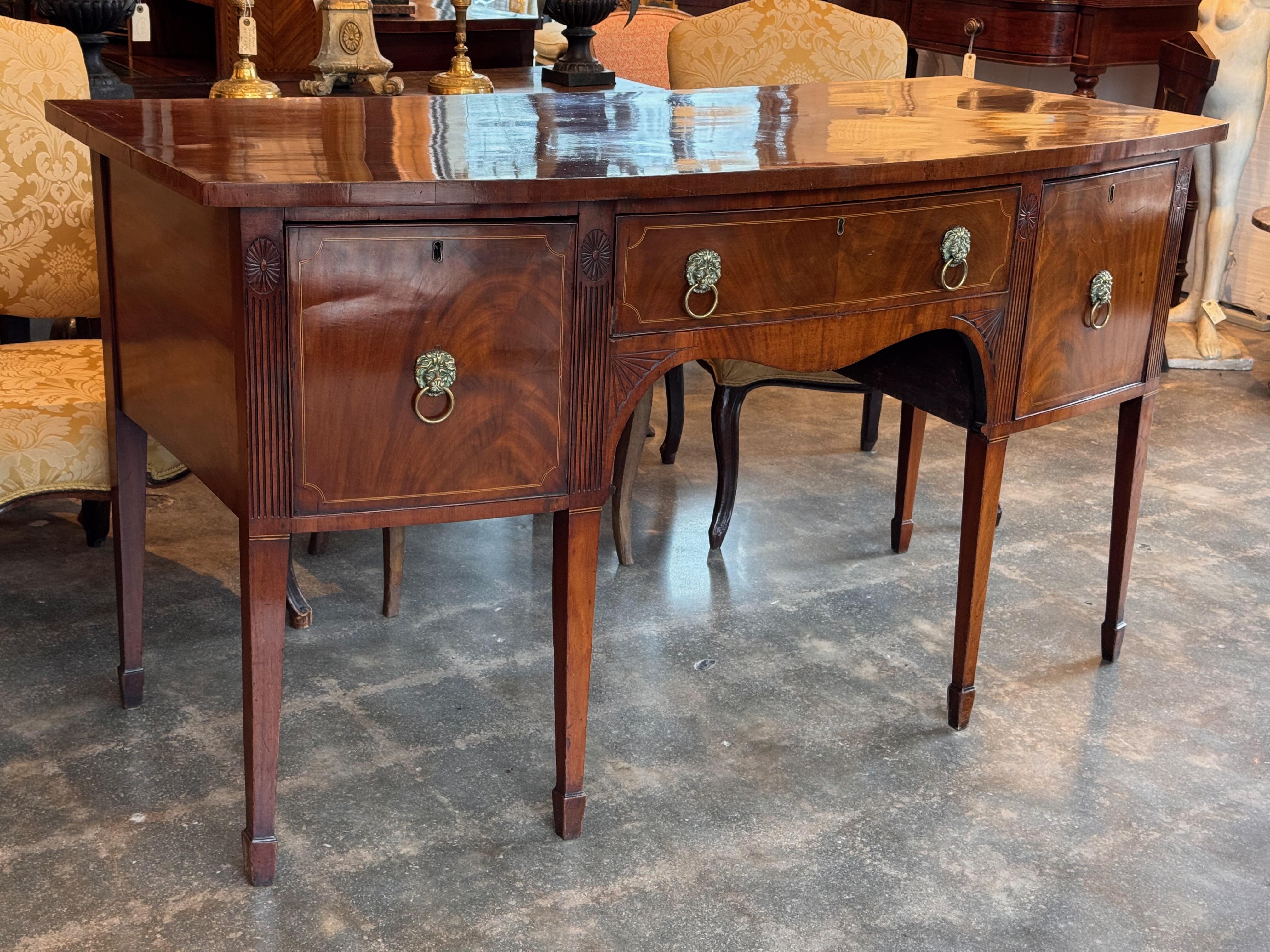 British George III Mahogany Bowfront Sideboard With Lion Mask Pulls