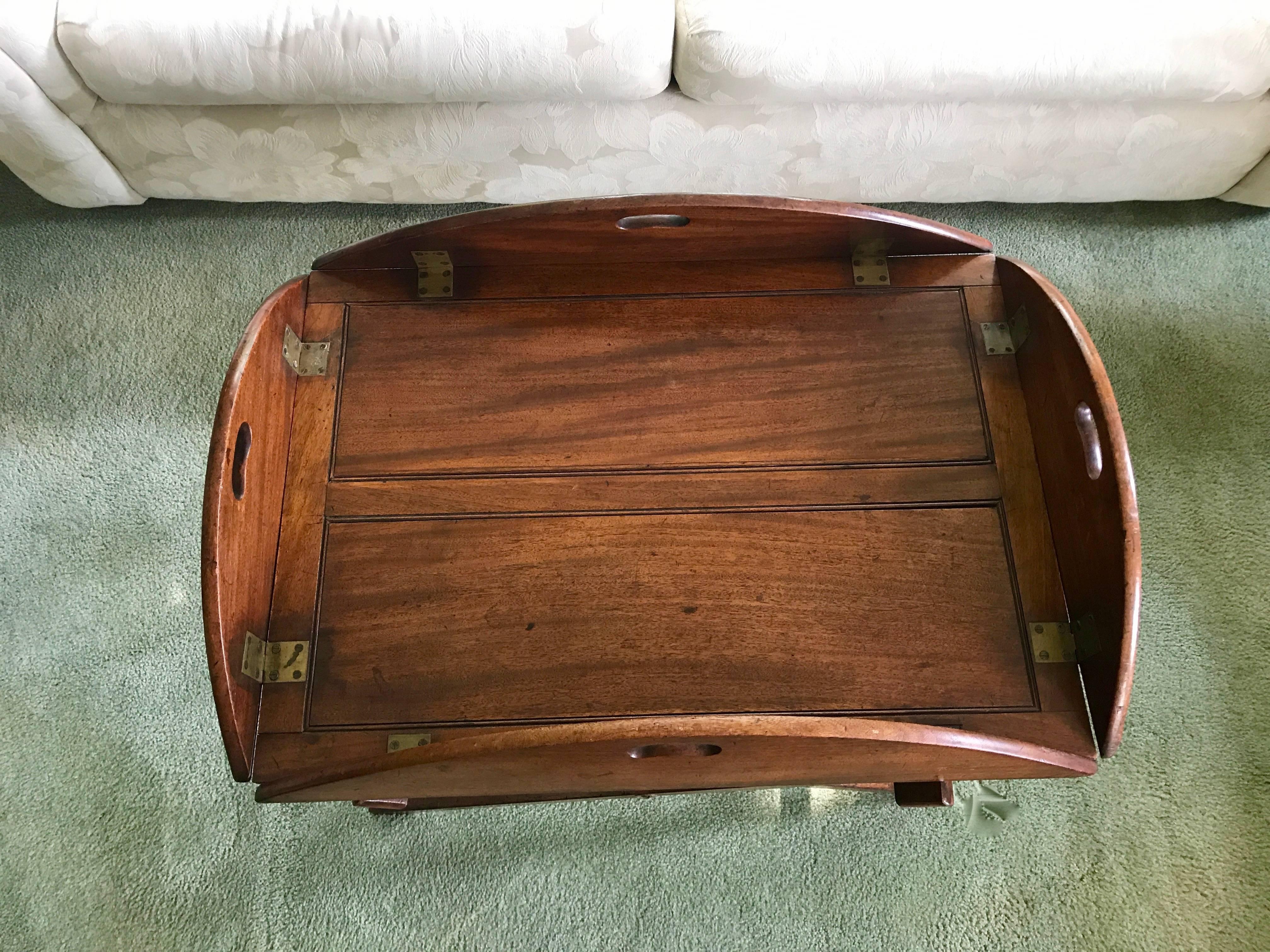 English George III Mahogany Butler’s Tray, circa 1780 with Original Stand, Brass Hinges