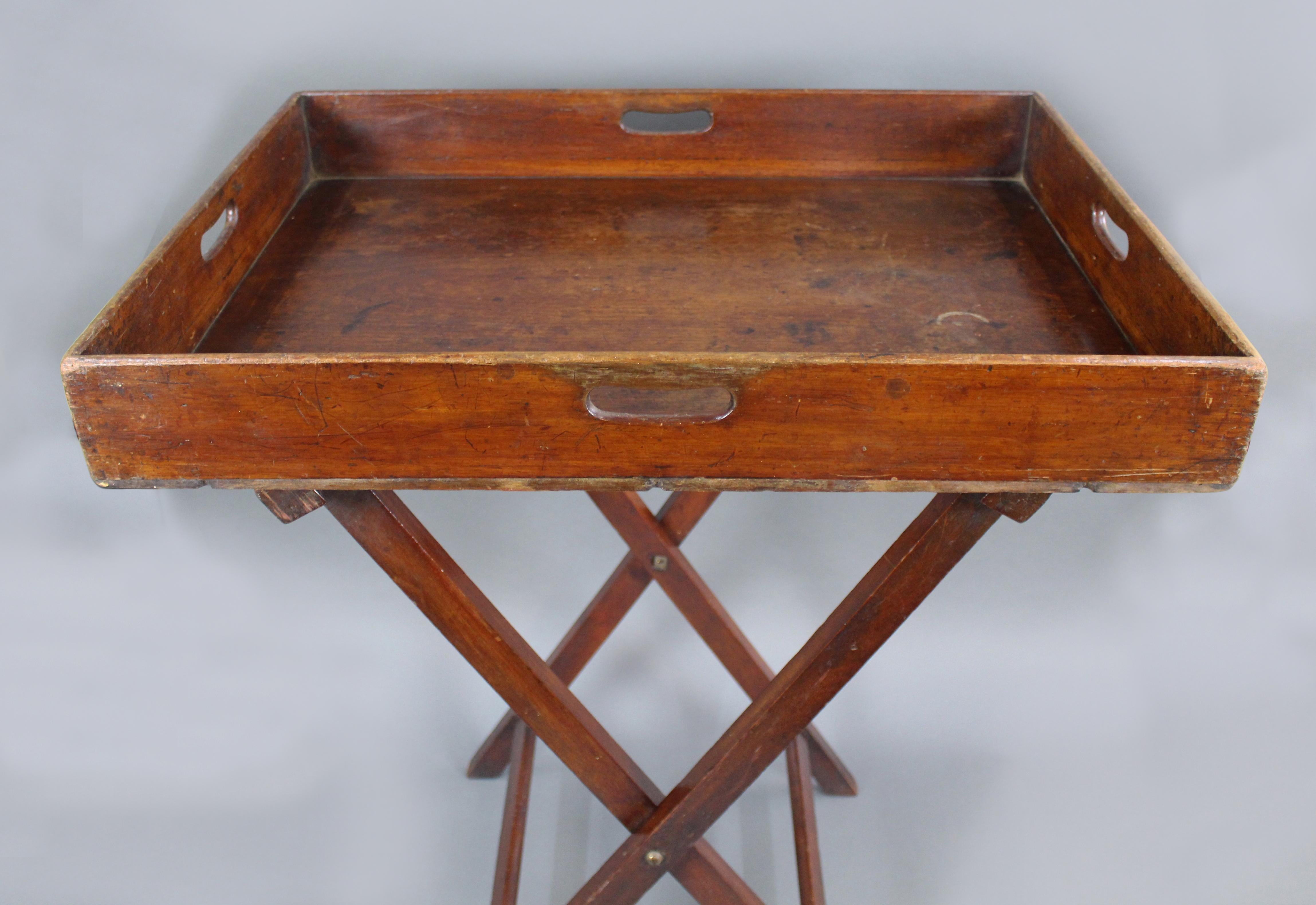 Measures: Width 71 cm 28 in
Depth 52 cm 20 1/2 in
Height 89 cm 35 in
 

 

 Butlers tray on stand
Period Georgian, circa 1790
Wood mahogany
Condition offered in good condition commensurate with age. Section of beading missing to one side