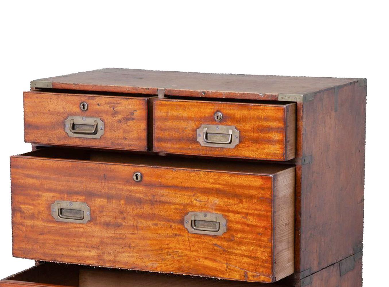 19th Century George III Mahogany Campaign Chest in Two Parts & Rare Small Size on Turned Feet For Sale