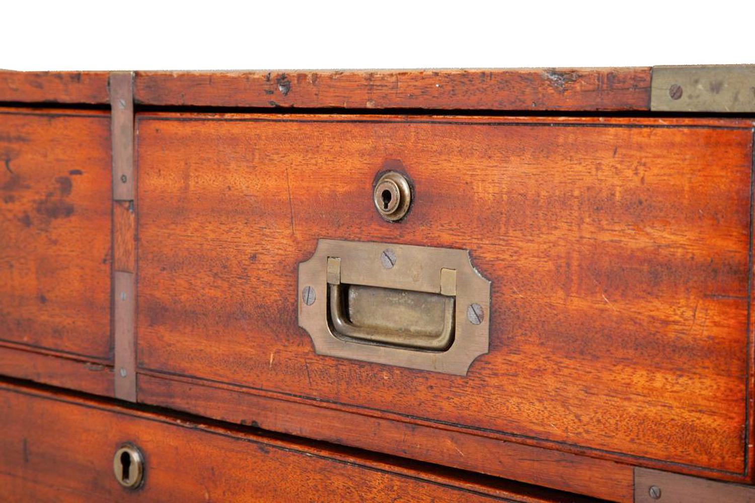 Brass George III Mahogany Campaign Chest in Two Parts & Rare Small Size on Turned Feet For Sale