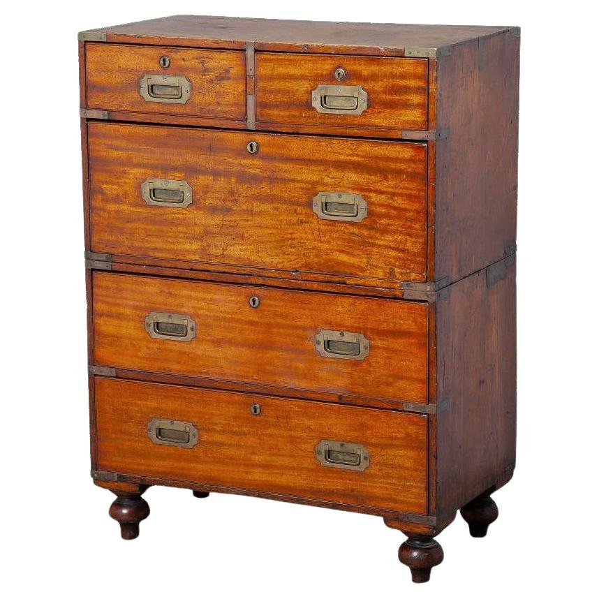 George III Mahogany Campaign Chest in Two Parts & Rare Small Size on Turned Feet For Sale