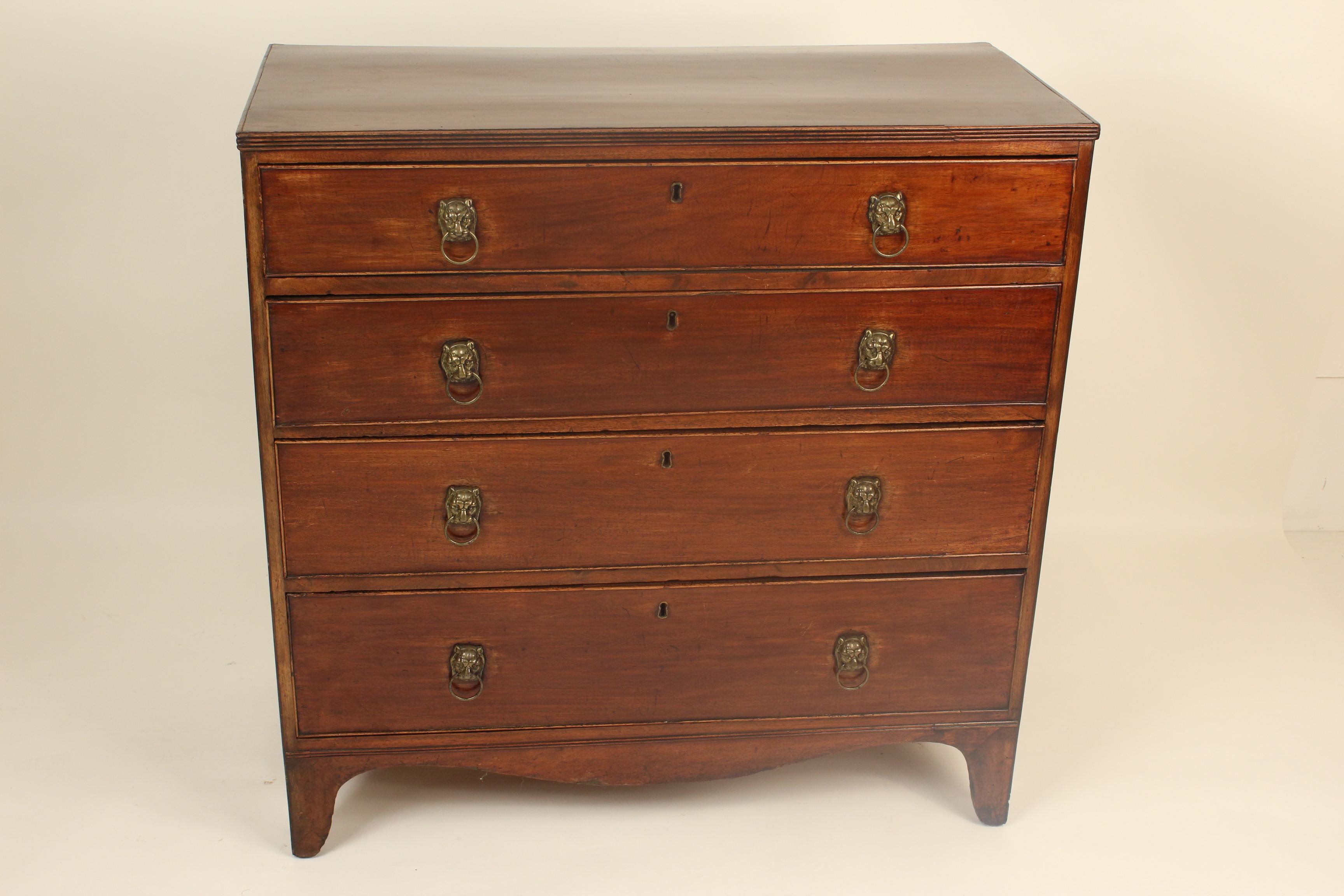 George III mahogany chest of drawers with brass lion head and ring pulls, circa 1800.