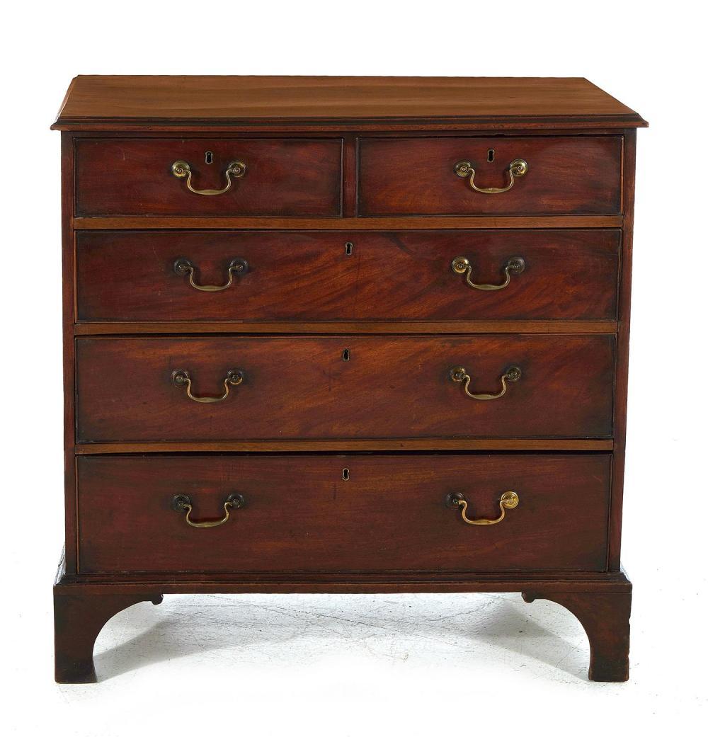 Cassettone in mogano di Giorgio III del 1820 circa, piano con bordo modanato, due cassetti su tre, piedi a staffa.