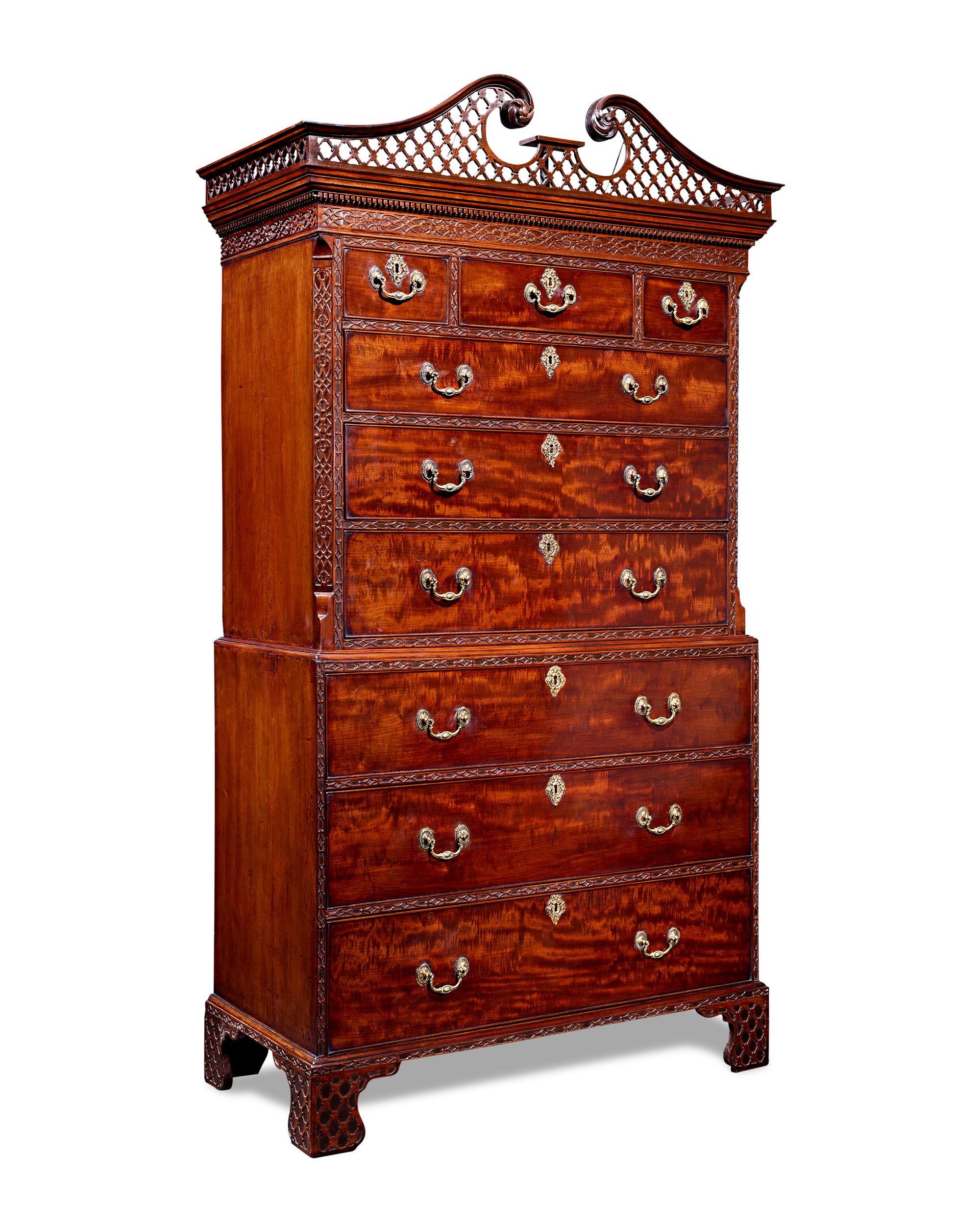 This classic chest on chest is a brilliant specimen of late Georgian furniture both in its exceptional craftsmanship and design. Crafted of Cuban mahogany that has aged to a rich patina, the chest boasts the symmetry, elegant lines and precise