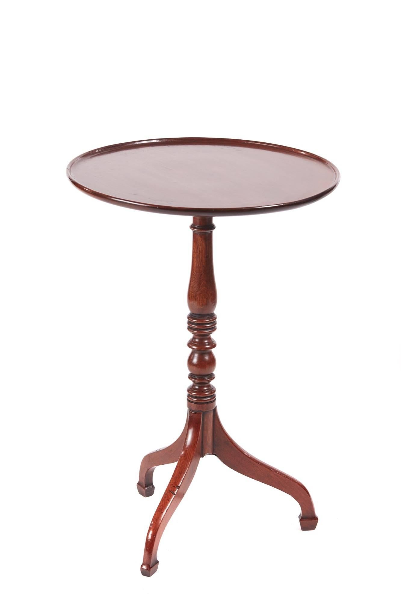 George III mahogany circular dish top wine / lamp table lovely mahogany dish tilt top table supported on turned boulbous column standing on three unusual shaped legs with spade feet.