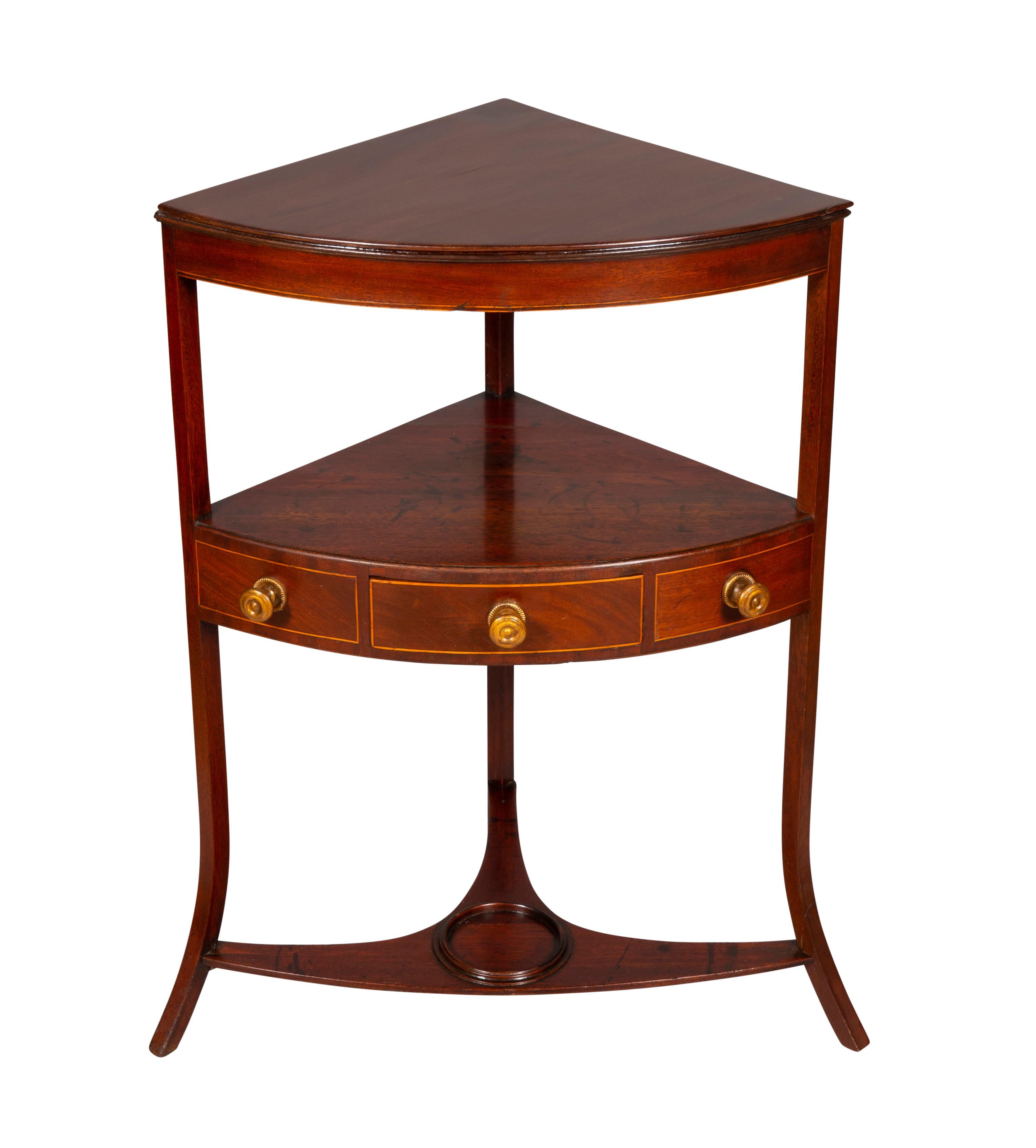 With mahogany top over a conforming lower shelf containing a drawer raised on out curved legs with stretcher.