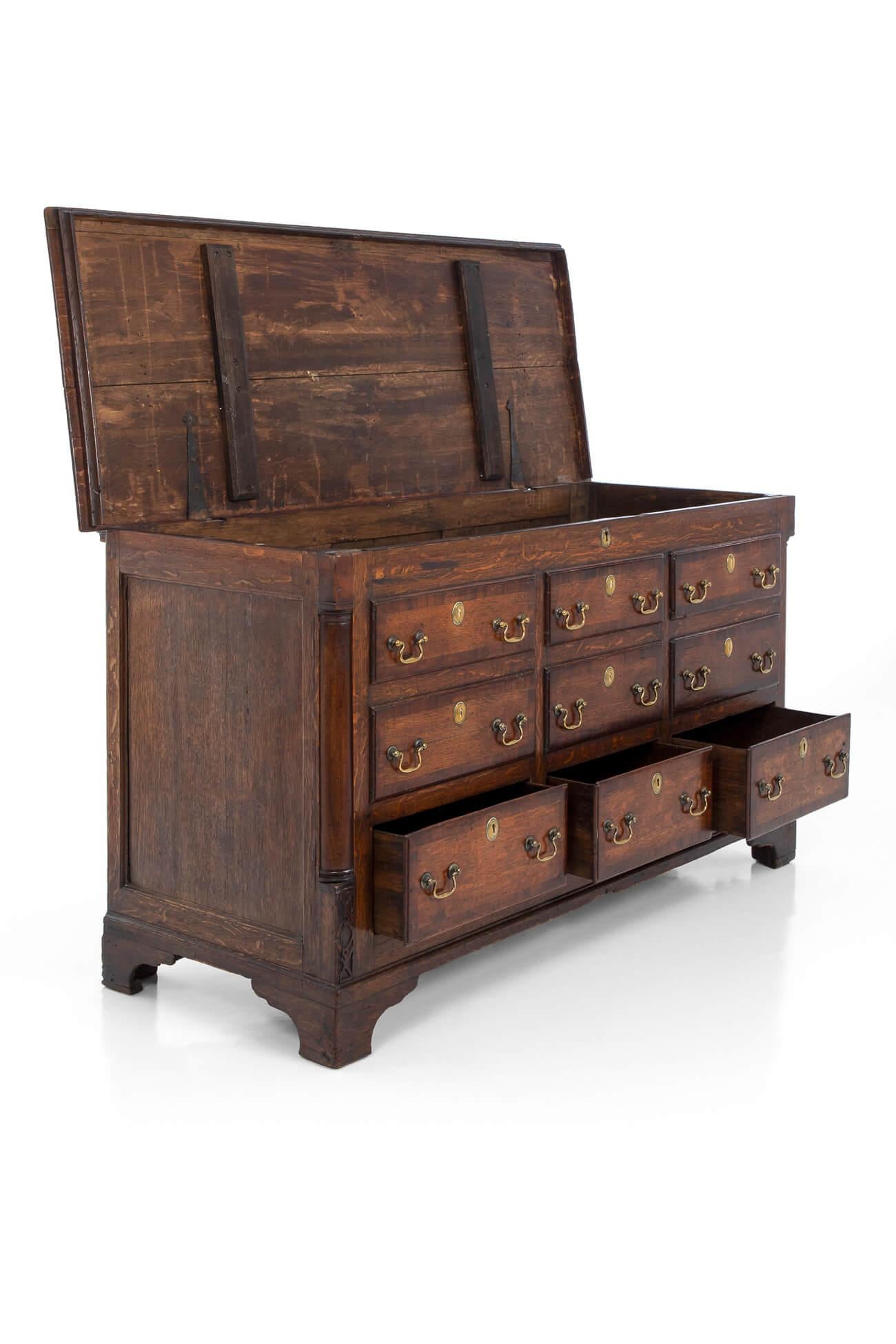 British George III Mahogany Crossbanded Lancashire Mule Chest in Oak, circa 1800