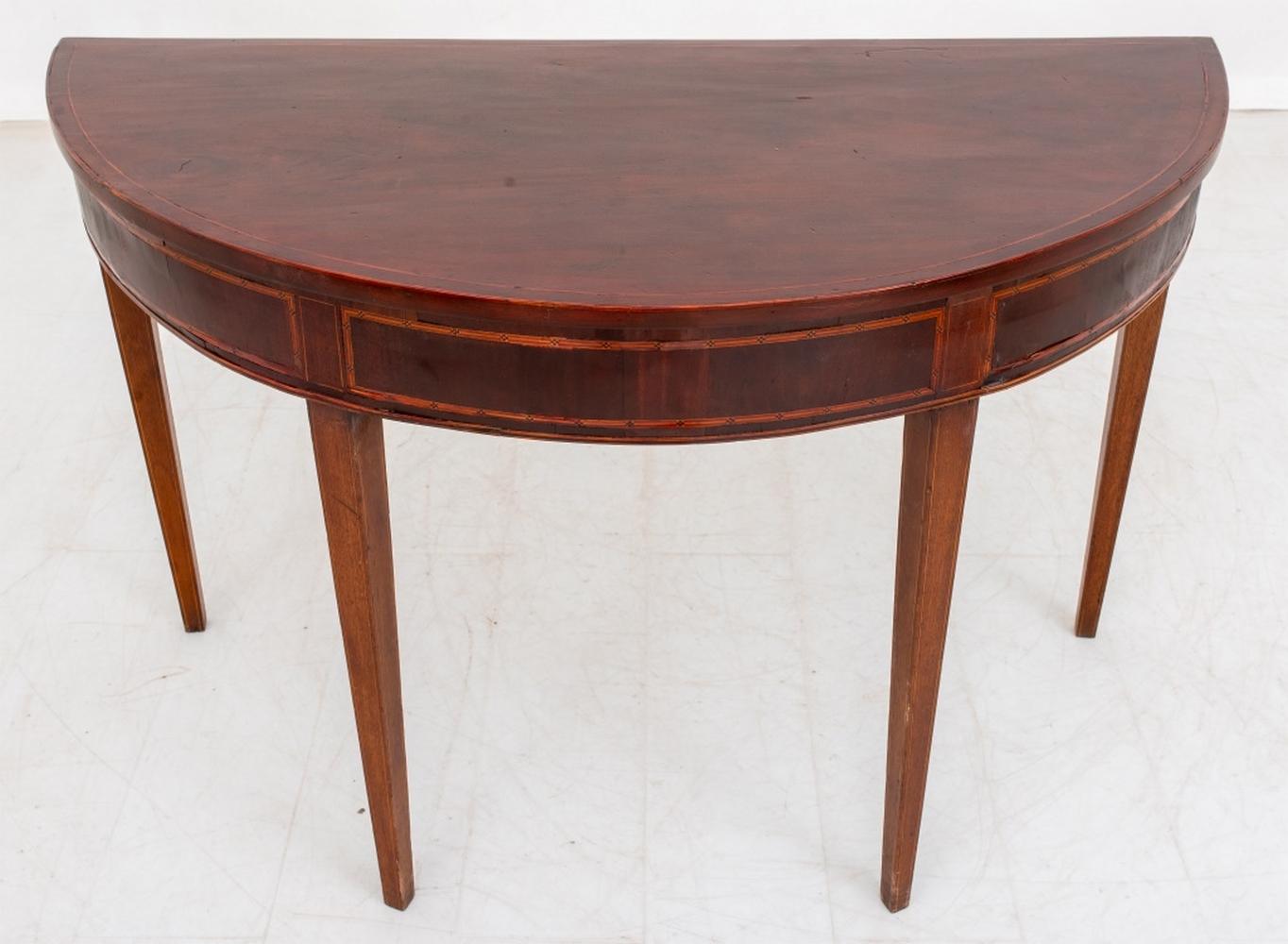 George III Mahogany Demilune Pier Table, parquetry inlay design lines, apparently unmarked. 29