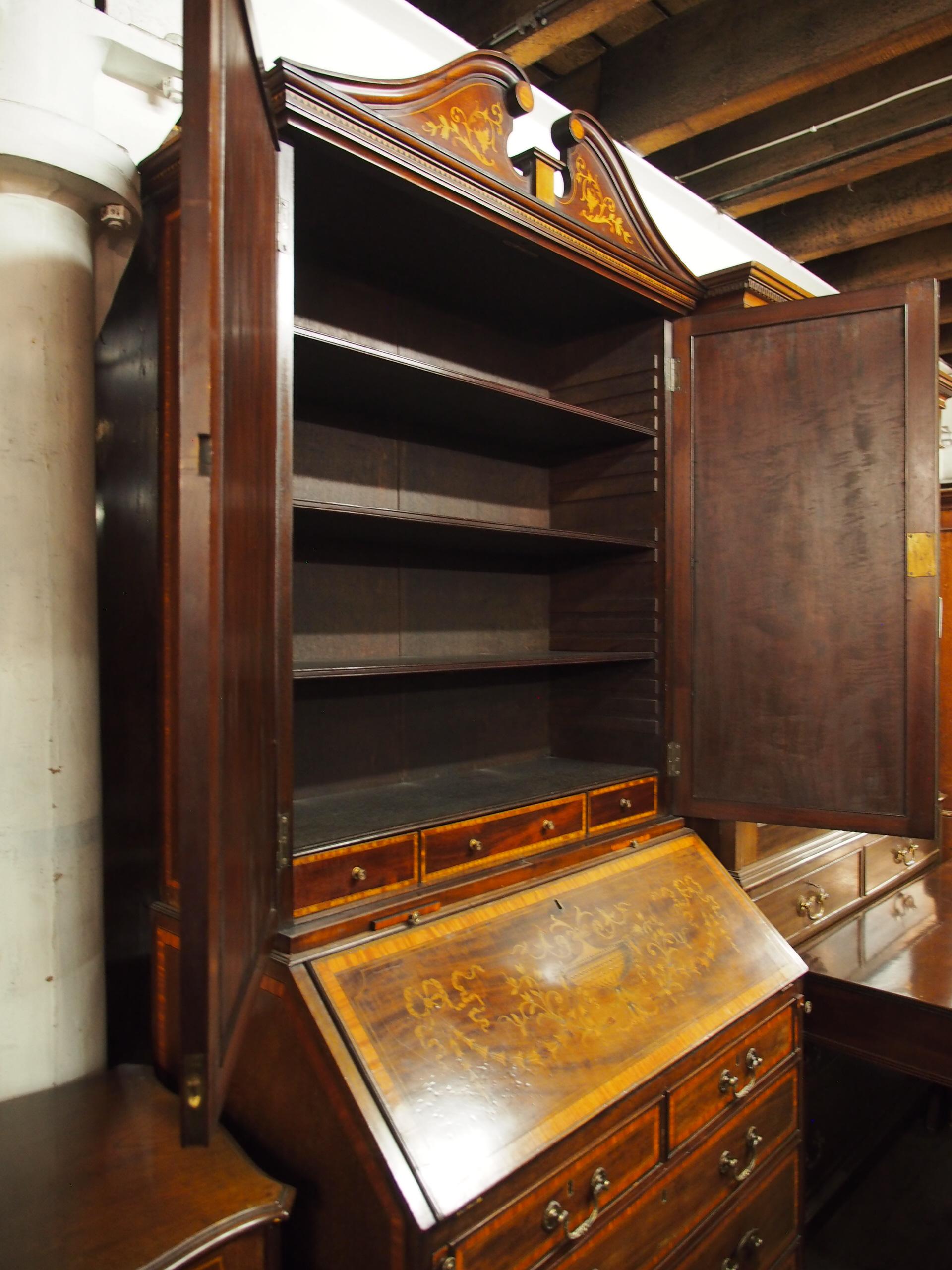George III Mahogany Inlaid Bureau Bookcase For Sale 11