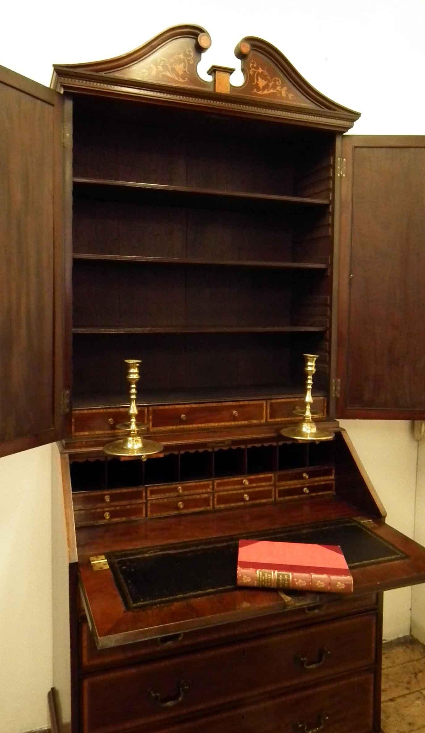 19th Century George III Mahogany Inlaid Bureau Bookcase For Sale