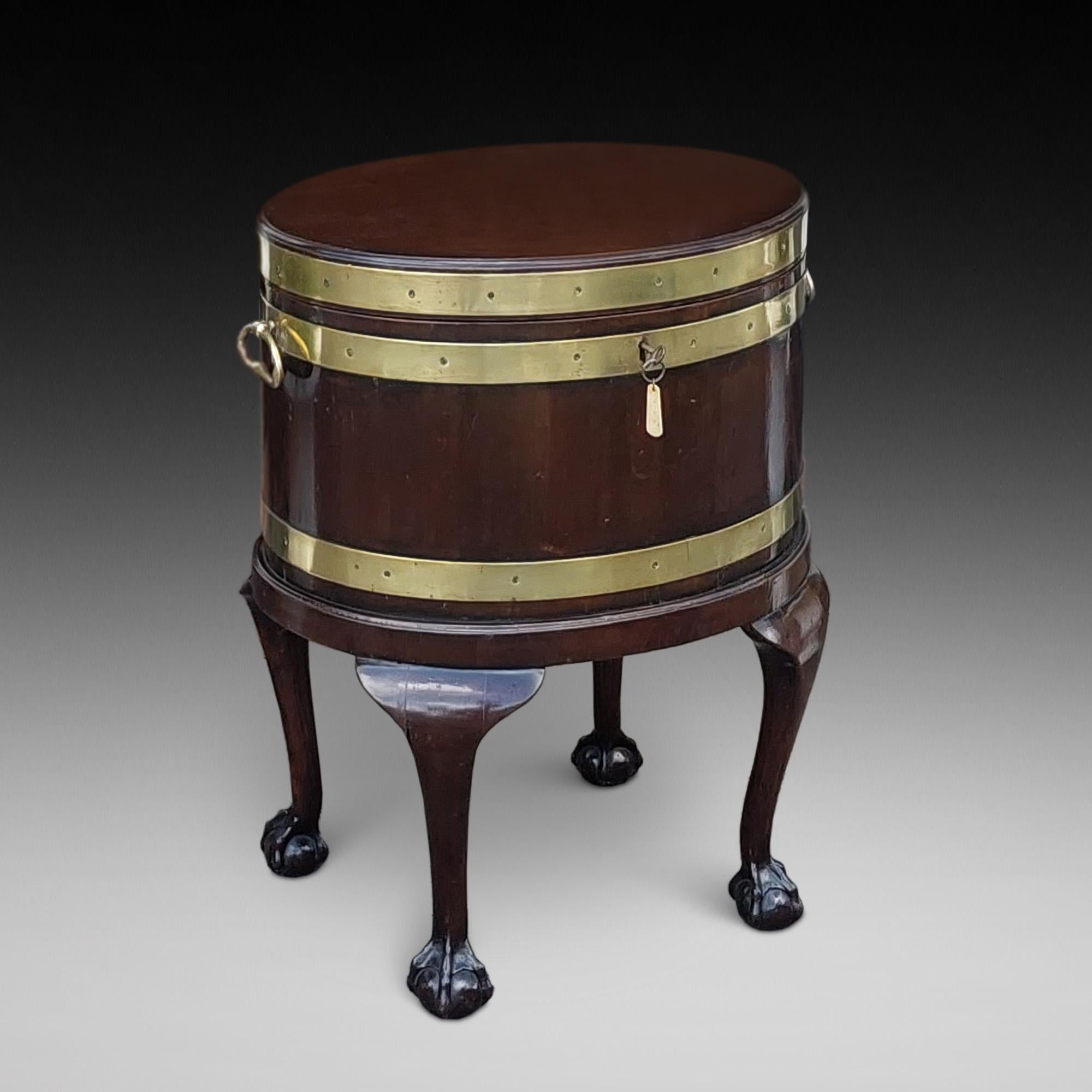 George III Mahogany Lead Lined Wine Cooler - with Cast Brass Handles Barell Rings and Castors on ball and Claw Feet c1790 - 24