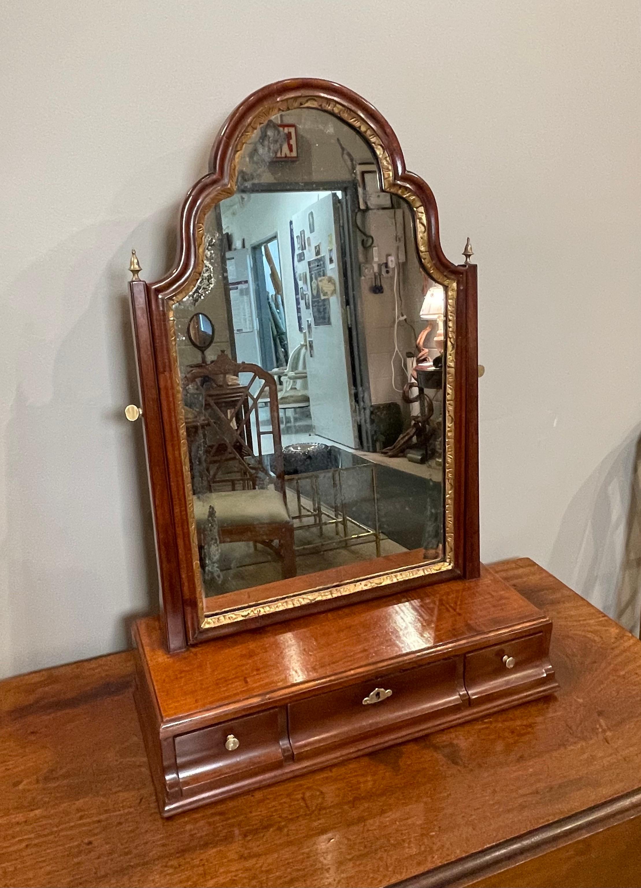 English Queen Anne Walnut & Parcel Gilt Dressing Mirror