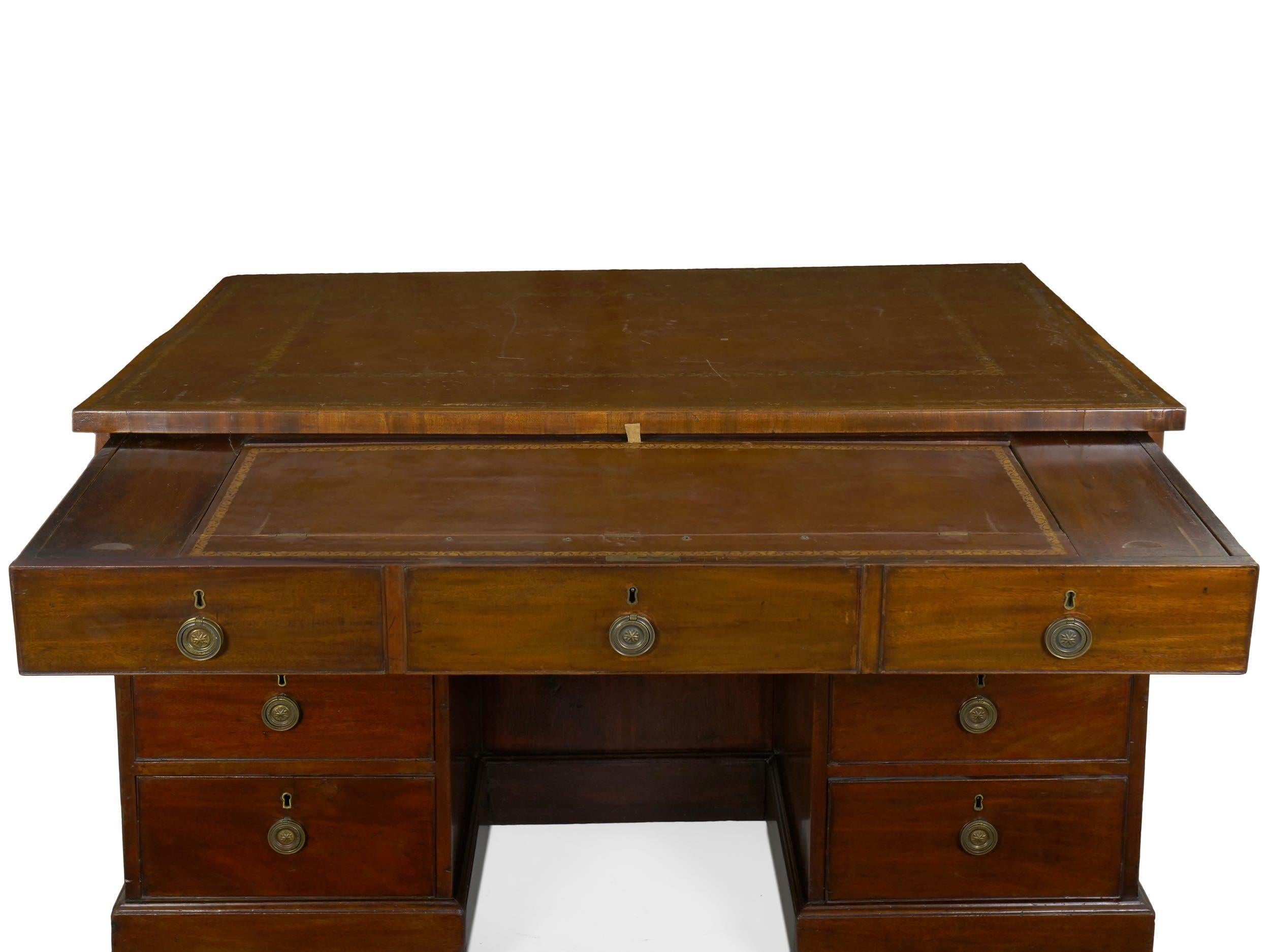 English George III Mahogany Partner’s Antique Pedestal Writing Table Desk, England