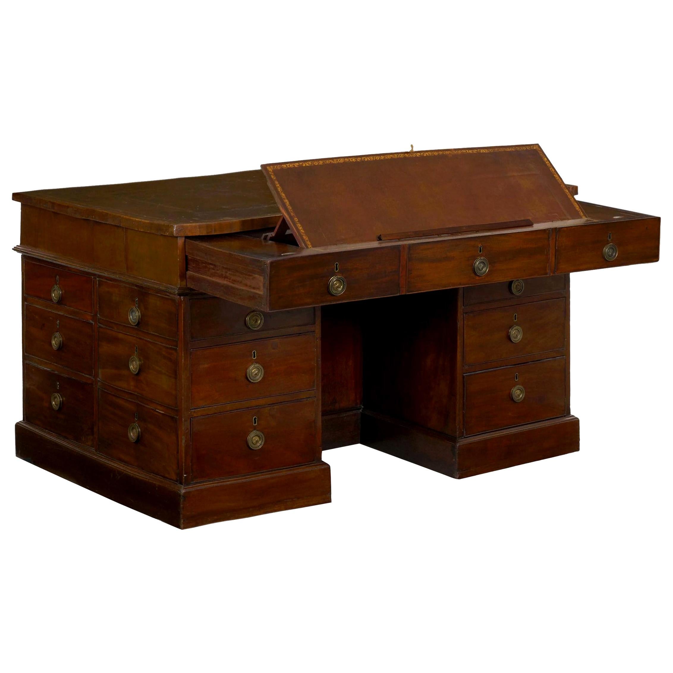 English Partner's Writing Desk or Library Table with Leather Top at 1stDibs