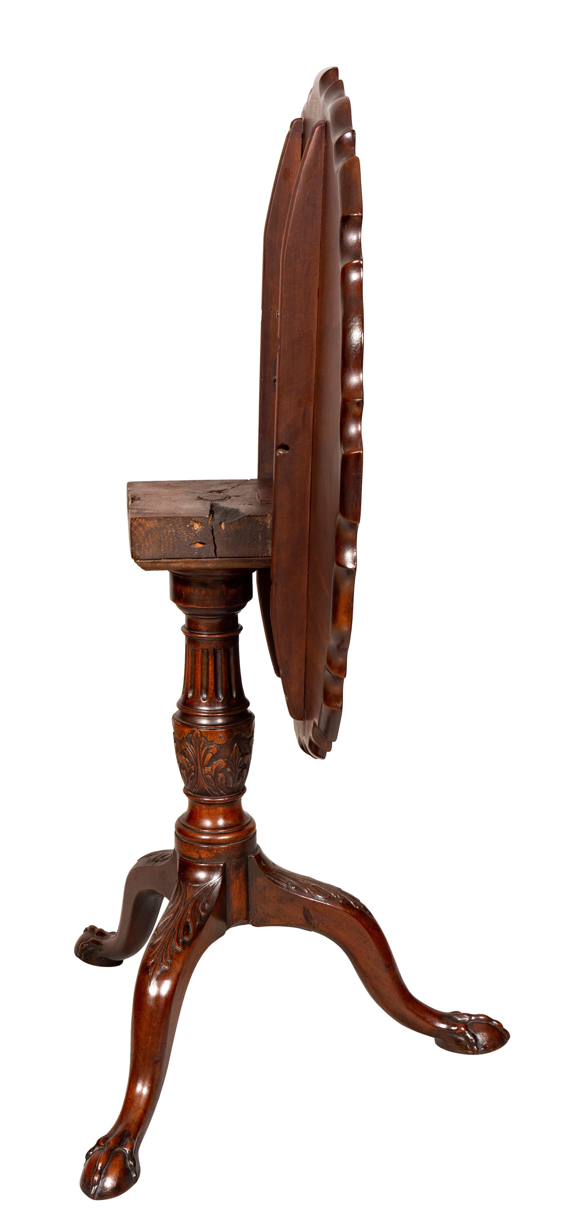 Crcular hinged top with piecrust carved edge, raised on a carved support and joined by three cabriole legs with carved knees and ending on flattened ball and claw feet.