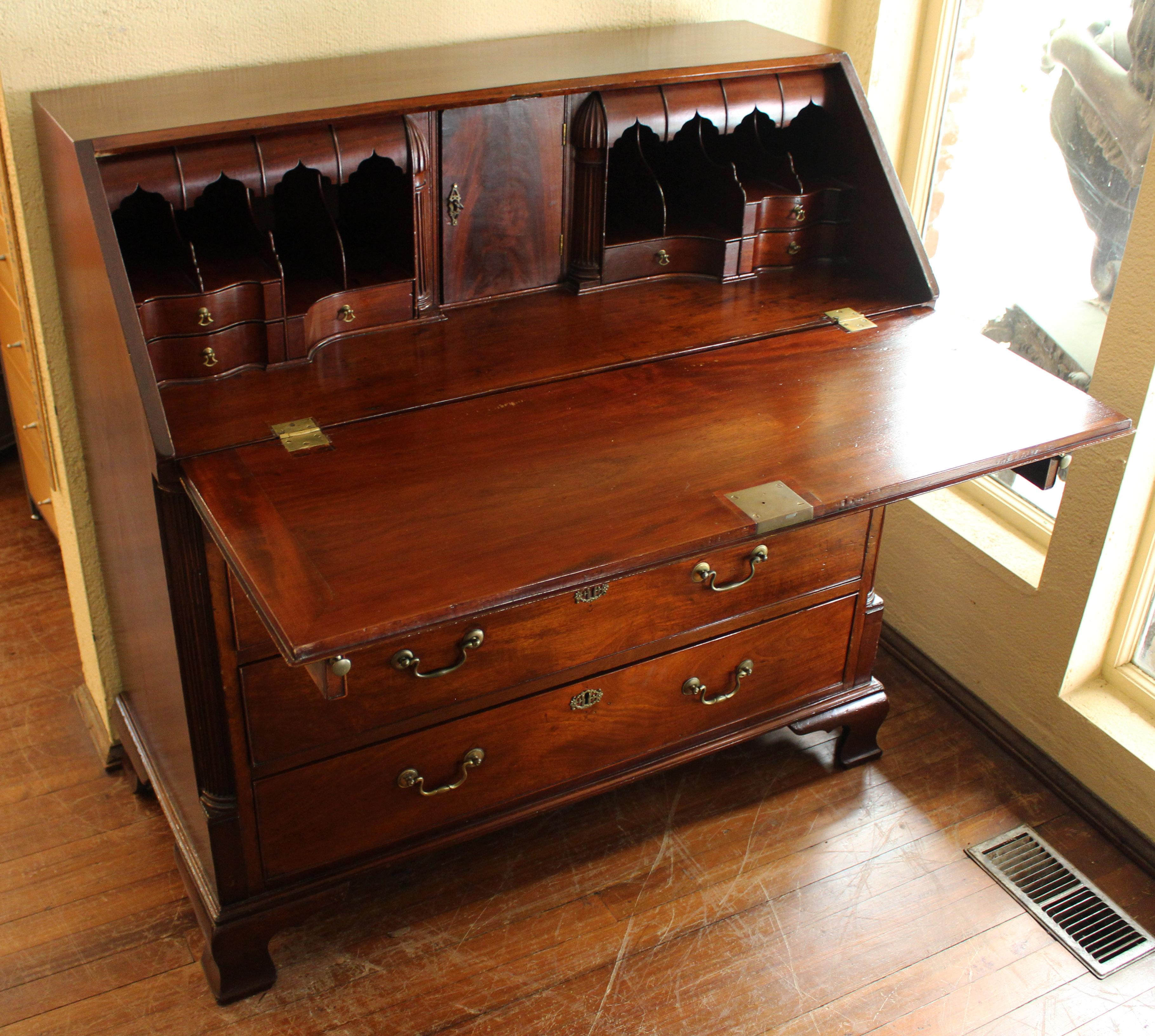 English George III Mahogany Slant Front Bureau with Chippendale Gothic Style Accents