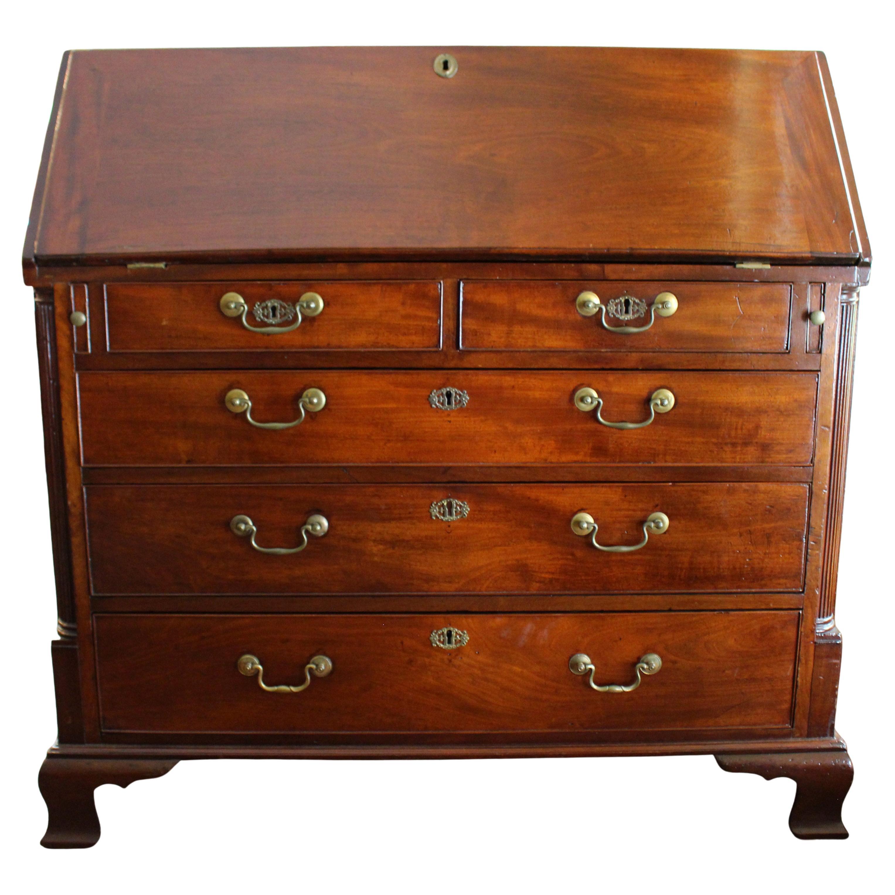 George III Mahogany Slant Front Bureau with Chippendale Gothic Style Accents